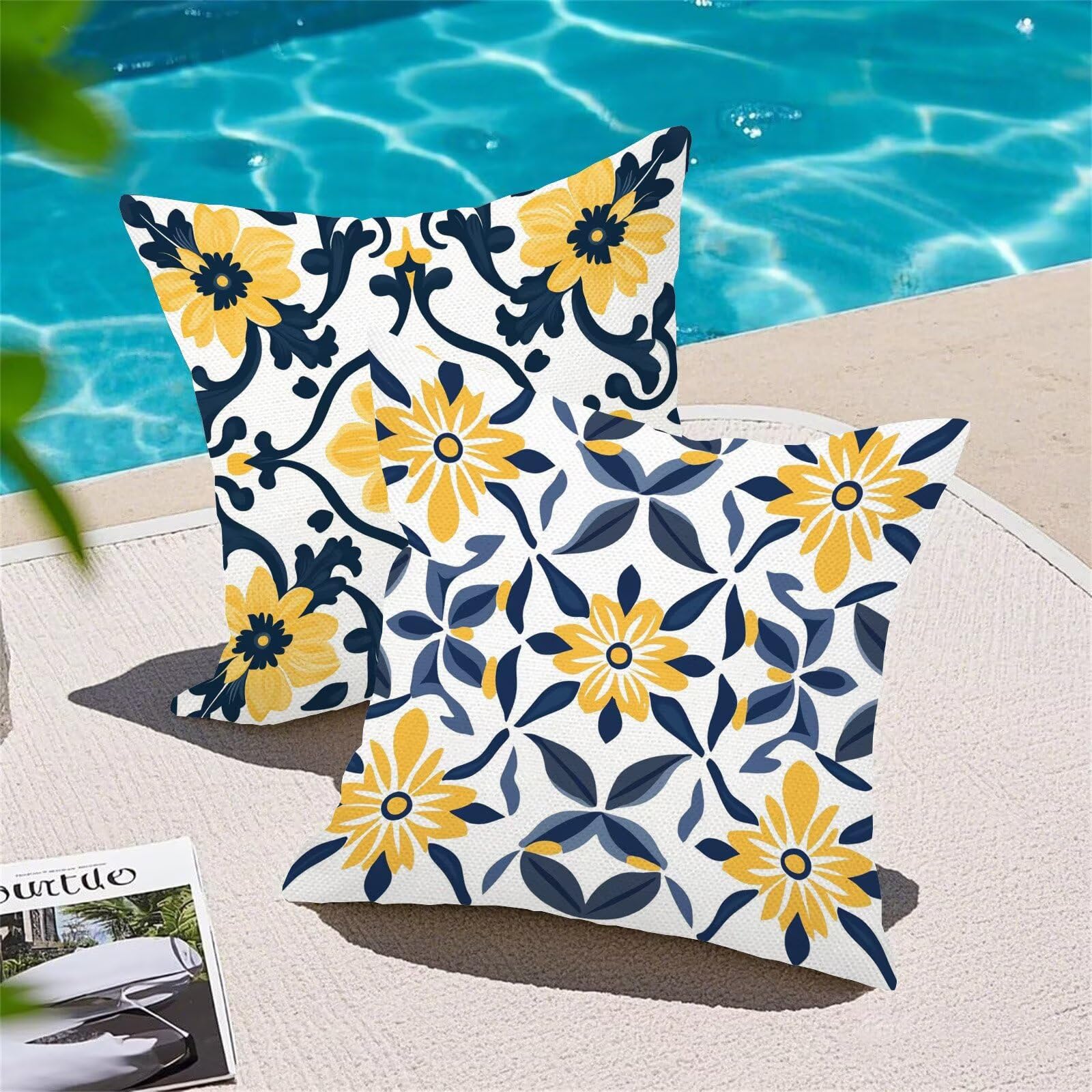 Housse Coussin 45 x 45 cm Lot de 4 Coussin Canape Rural Bleu Decoration Canapé d'extérieur, avec Fermeture éclair Caché, Imperméable Lin Coussincarré pour Extérieur Maison Chaise Jardin Salon m-486