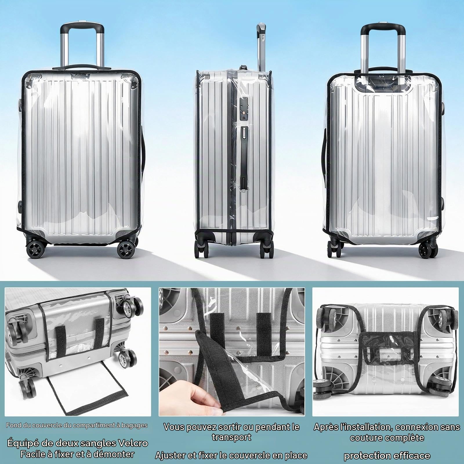 Lot de 3 Housses Protection Valise en PVC Transparent Etanche 20+24+28 Pouces Valise imperméable Protection Poussiere pour Trolley Voyage