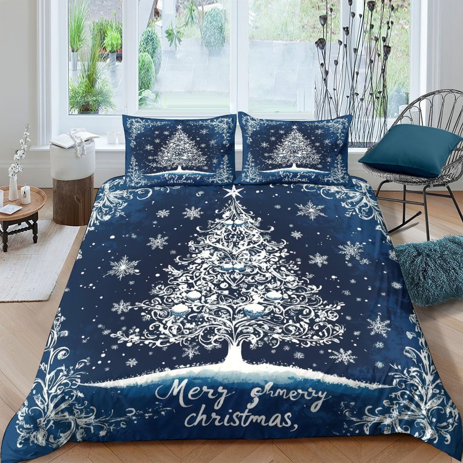 Ctjqhvkz Style-8 3D Printed Christmas Tree Fitted Sheet Microfiber Navy Bed Cover Snowflake Pattern For Bedroom Guest Room Decor Single（135X200cm）