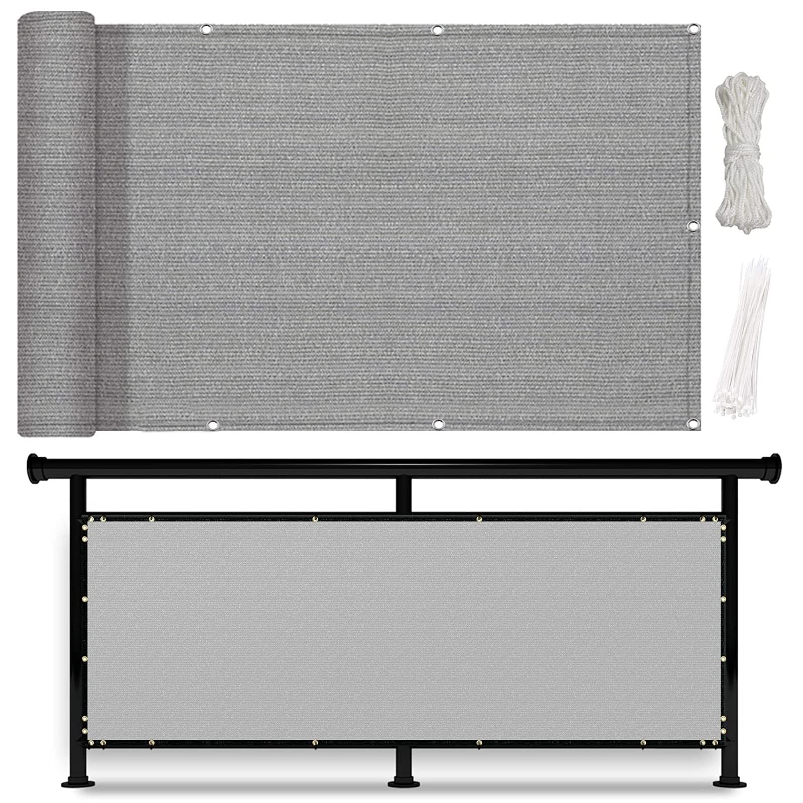 Ochrona prywatności ekranu balkonowego 80 x 300 cm Na warunki atmosferyczne UV, Heavy Duty Szyba ogrodzeniowa z opaskami kablowymi i liną na patio, ogrodzenie, Szary