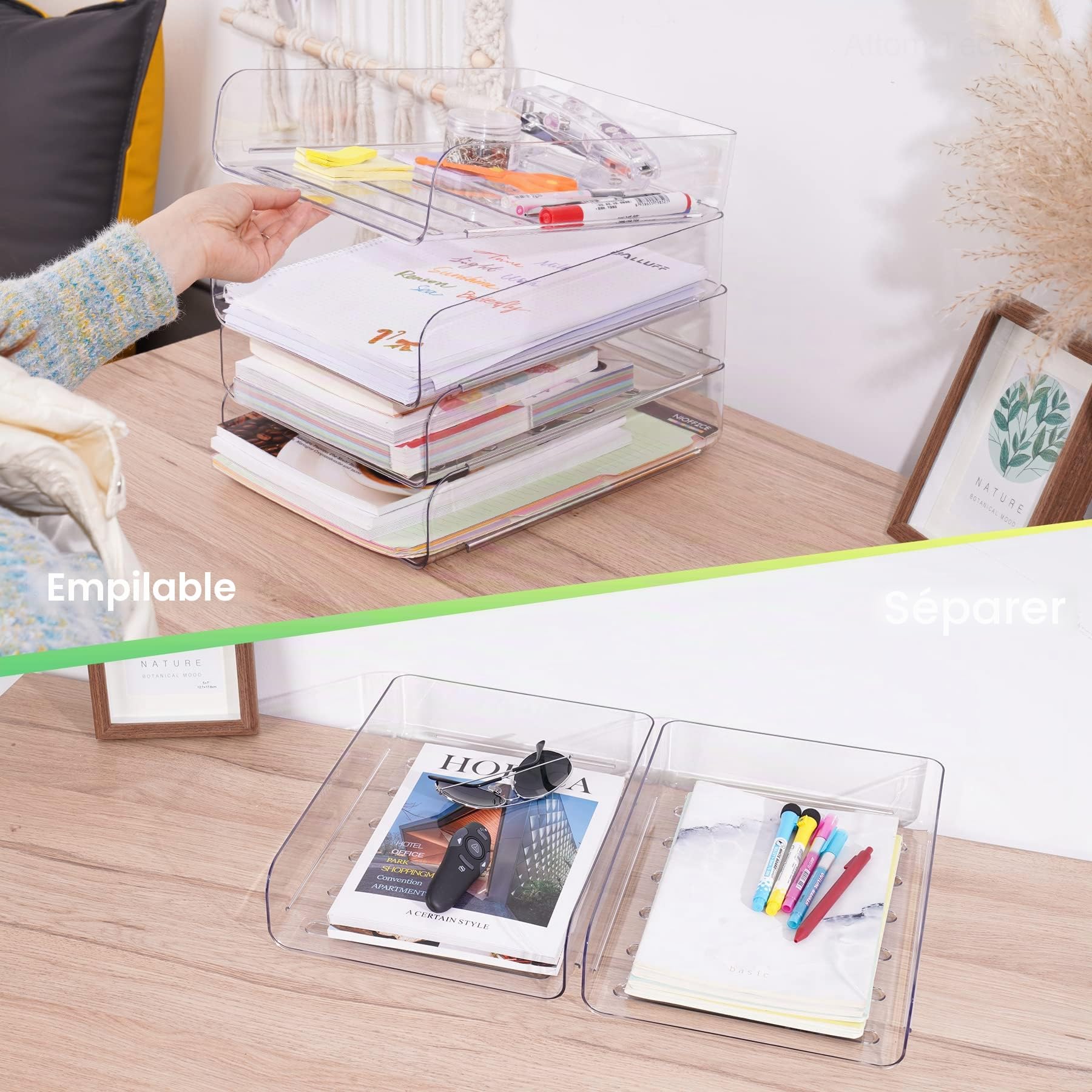 Tomorotec Lot de corbeilles à courrier de Bureau, Format A4, empilables en Pet Transparent, Organiseur de Documents de Bureau, Support de Rangement pour Livres, Chargement latéral, Support empilable,