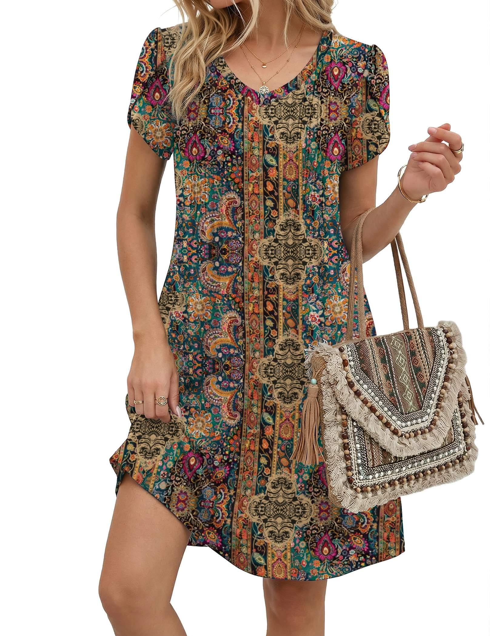 Zeagoo Summer Dresses for Women Casual A Line Dress 2026 V Neck Short Dresses Floral Sundress Pleated Boho Dress Global Recycled Standard Global Recycled Standard Global Recycled Standard