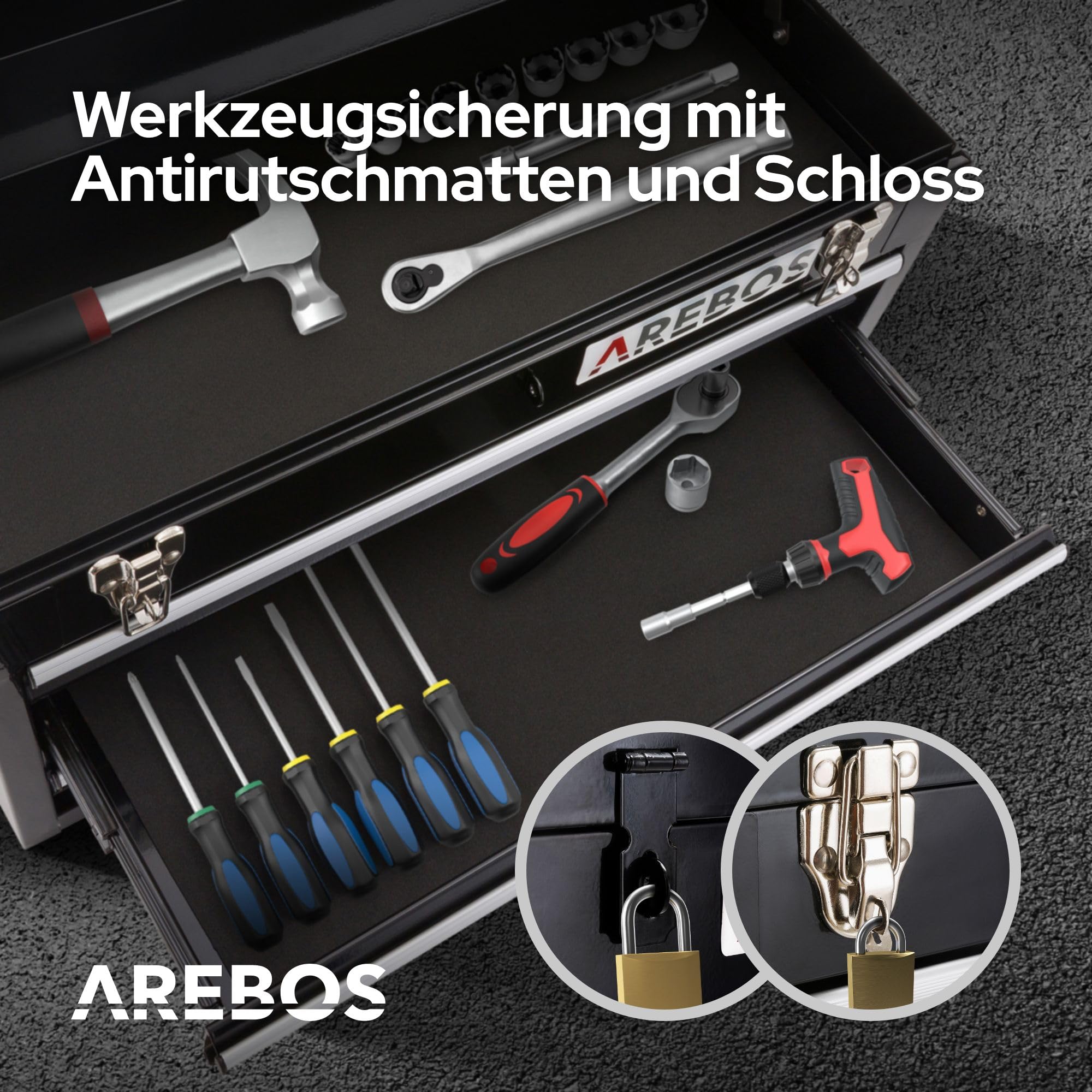 Arebos Werkzeugkoffer mit 3 Schubladen & 2 Ablagefächern 52 x 22 x 30,5 cm | Werkzeugkasten abschließbar | Werkzeugbox inkl. Tragegriff & Schnappverschlüssen | Antirutschmatten | Schwarz