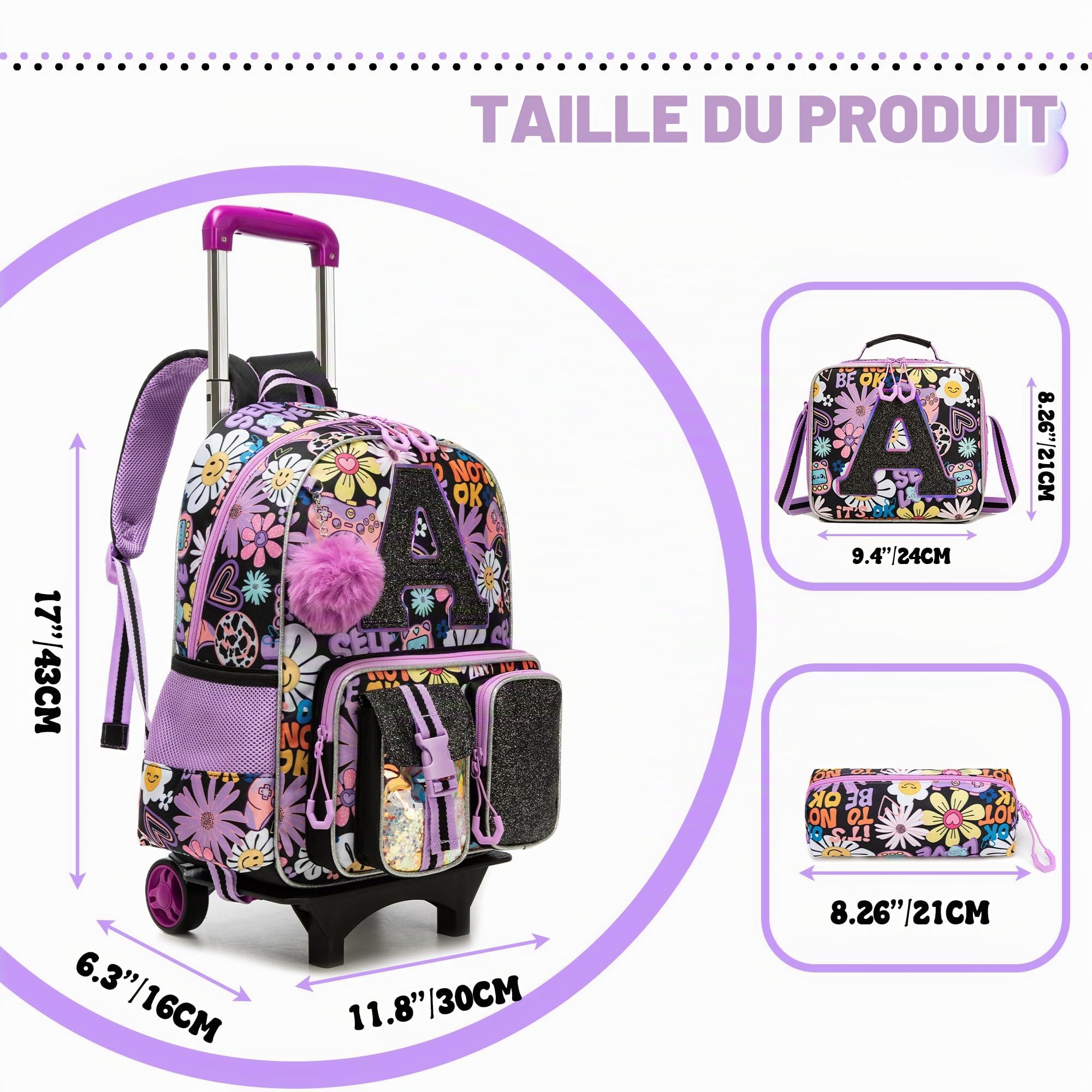 HTgroce Cartable à Roulettes Fille Primaire (CP CE1 CE2 CM1) – Sac à Dos Scolaire Trolley avec Roues– Cartable École Ergonomique pour Rentrée Scolaire