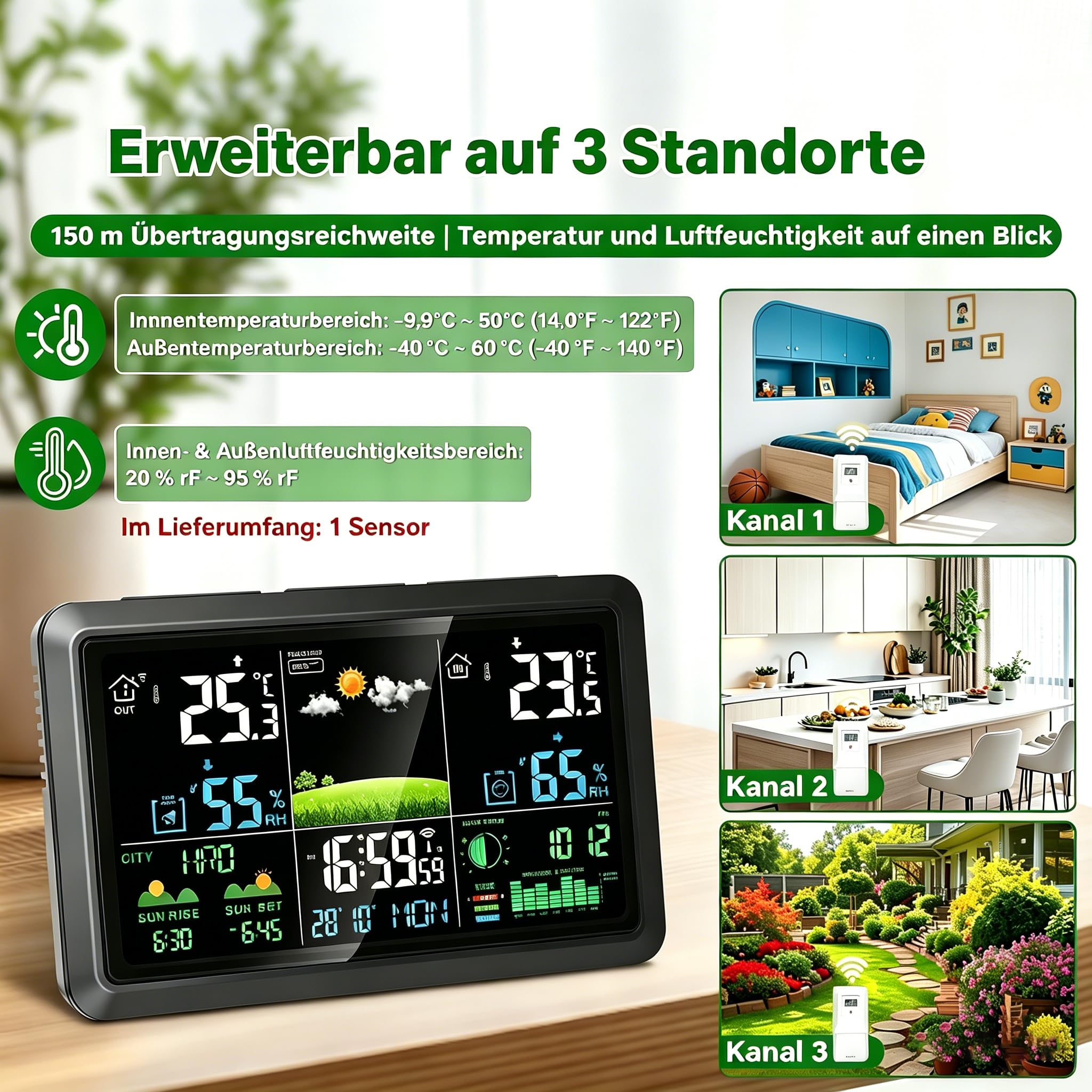 Wetterstation Funk mit Außensensor - Innen und Außentemperatur, Luftfeucht, Luftdruck, Wettervorh, Mondphase, DCF Funkuhr, Batteriebetrieb & Netzbetrieb für Wohnzimmer, Schlafzimmer, Garten