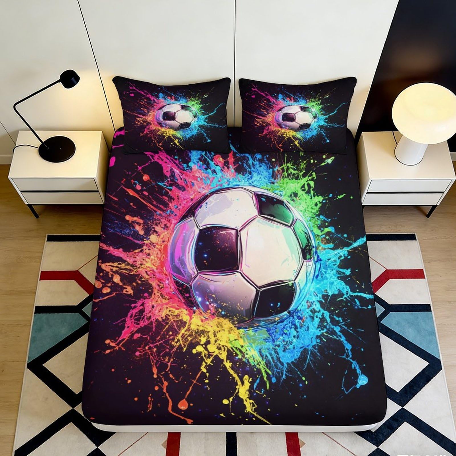 3D Printed Color Splash Soccer Fitted Sheet Microfiber Vibrant Bed Cover for Bedroom Guestroom Decor Protection 90x200x25cm