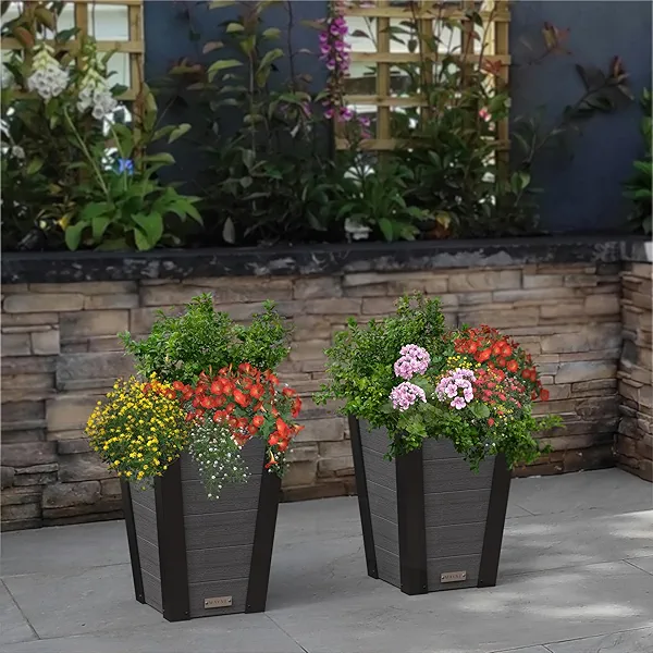 Mayne Vista 18in Outdoor Planter 2-Pack- Modern Tall Tapered Design with Drainage Hole for All Season Use - Ideal Front Porch Decor & Patio Planter - Easy Assembly