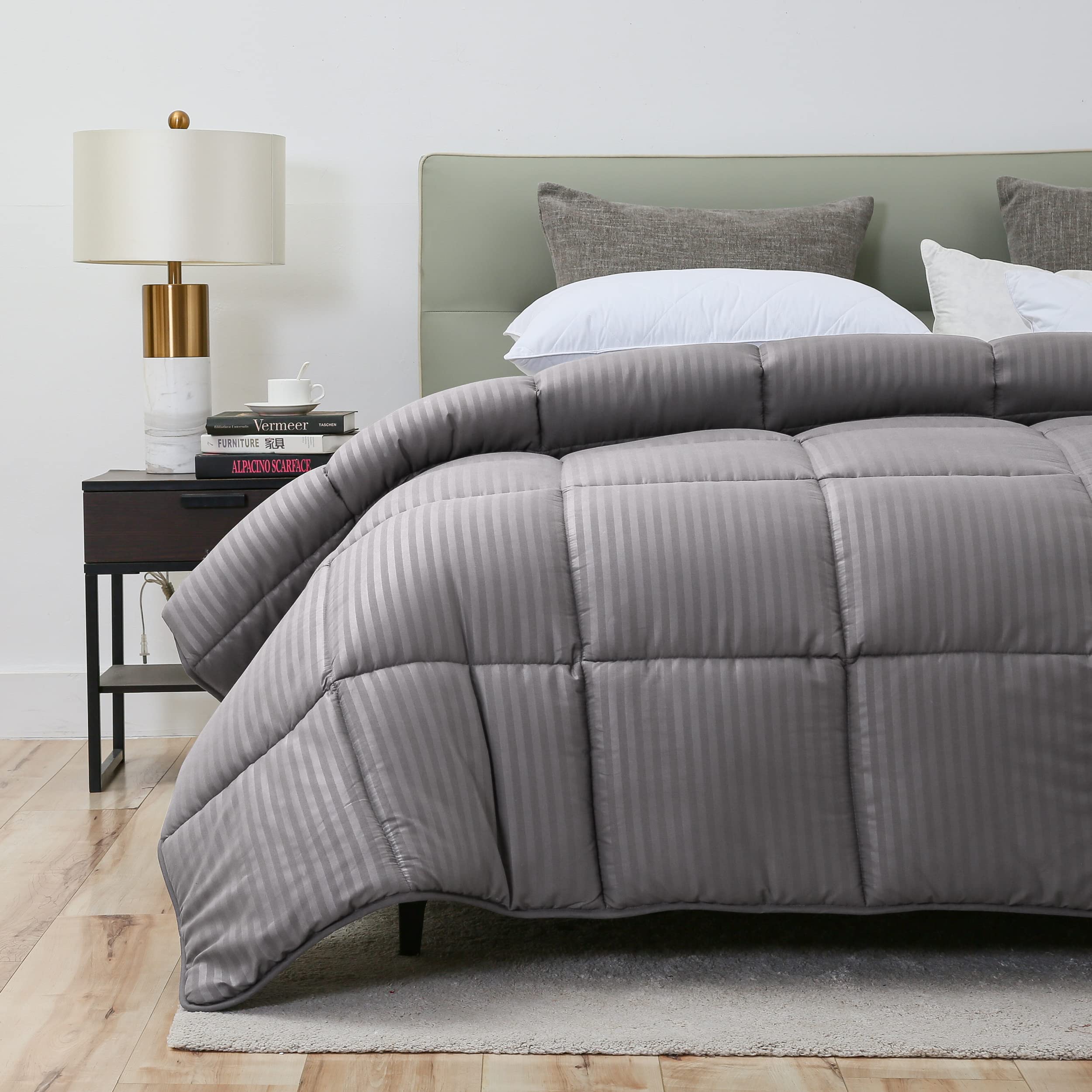Down Alternative Comforter All Season Duvet Insert(Grey Stripe, Queen)-Ultra Soft Double Brushed Microfiber Quilt Cover, Baffled Box Stitched 90x90 Comforter with Corner Tabs