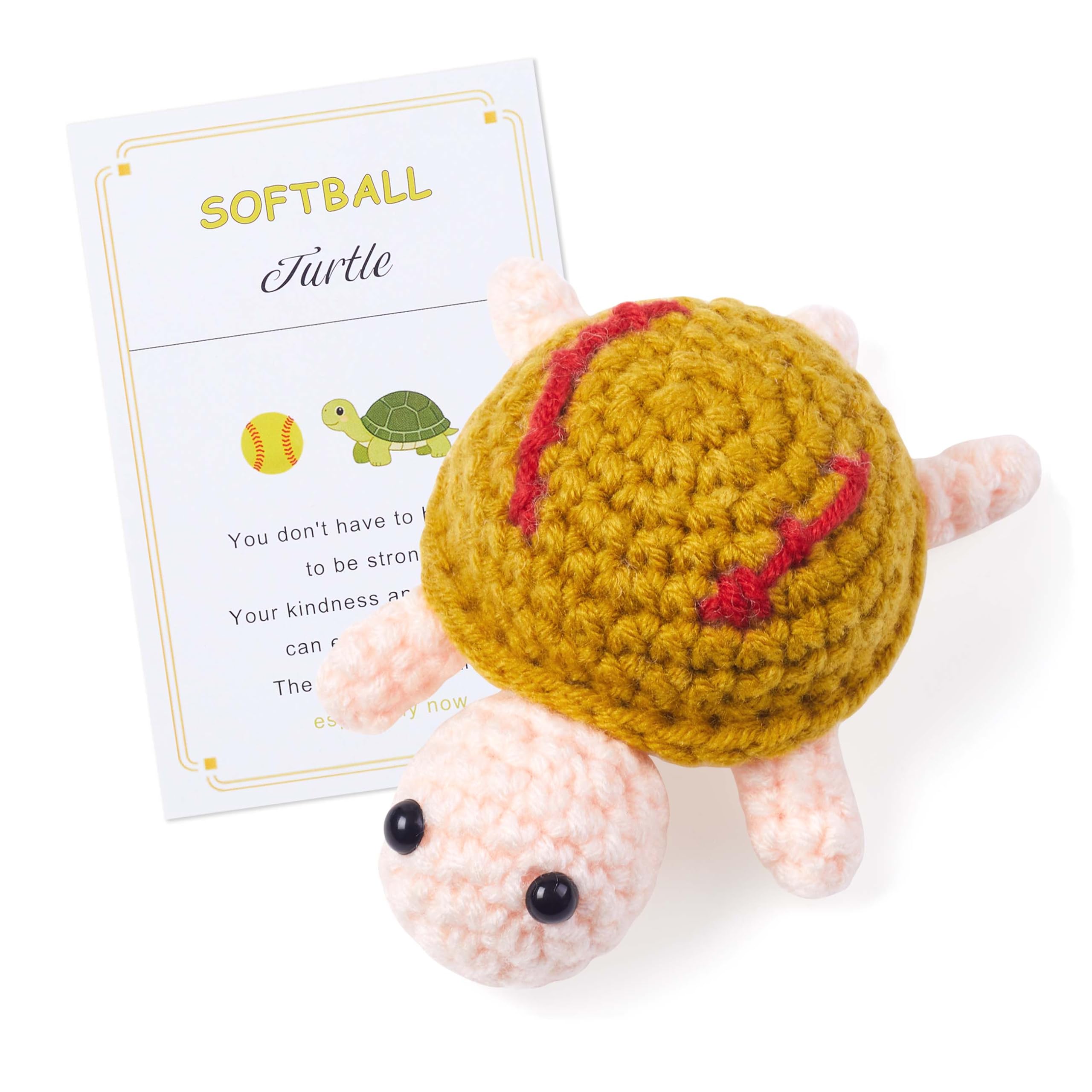 QINJIEJIE Softball Gifts Crochet, Handmade Knitted Turtle Plush with Positive Message Card, Emotional Support Softball Player Gift, Cute Desk Decor for Girls, Women and Coaches