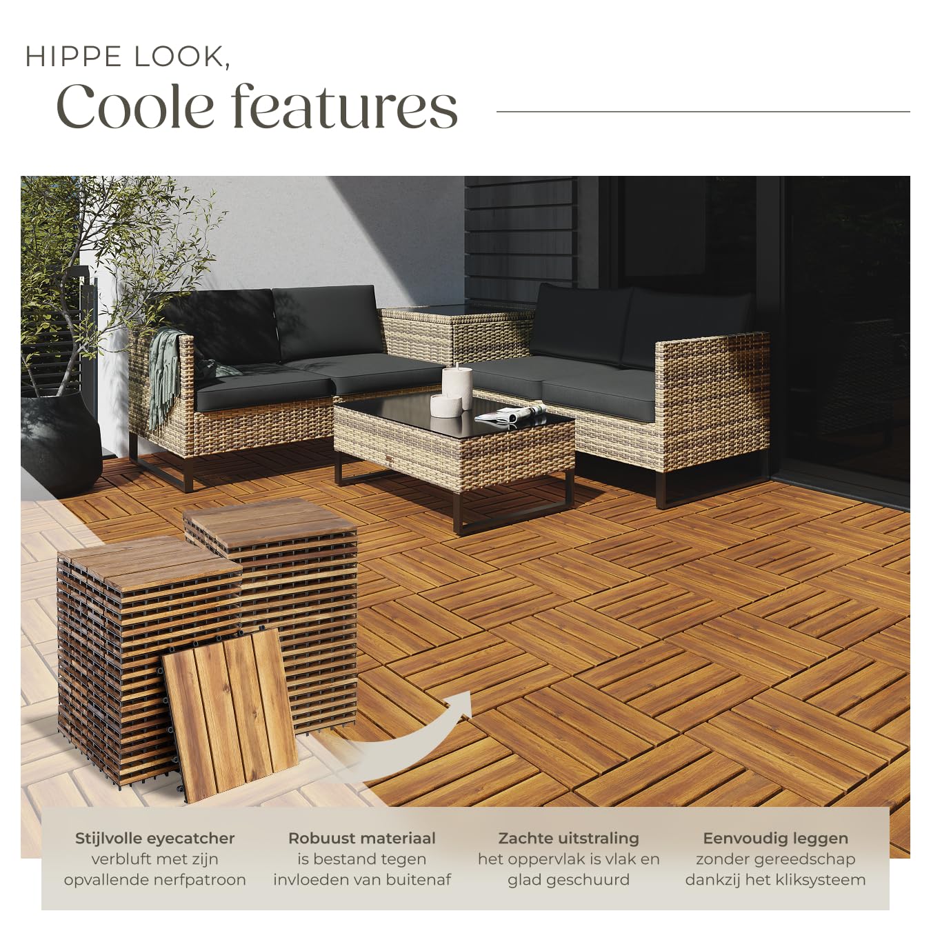 tectake® Set van 20 Terrastegels, Kliksysteem, Weerbestendig en Antislip Acaciahout, Balkontegels, Tuintegels van 31 x 31 cm, Vloertegels, tuin, terras, balkon, Drainagefunctie, Uitbreidbaar, 1,92 m²