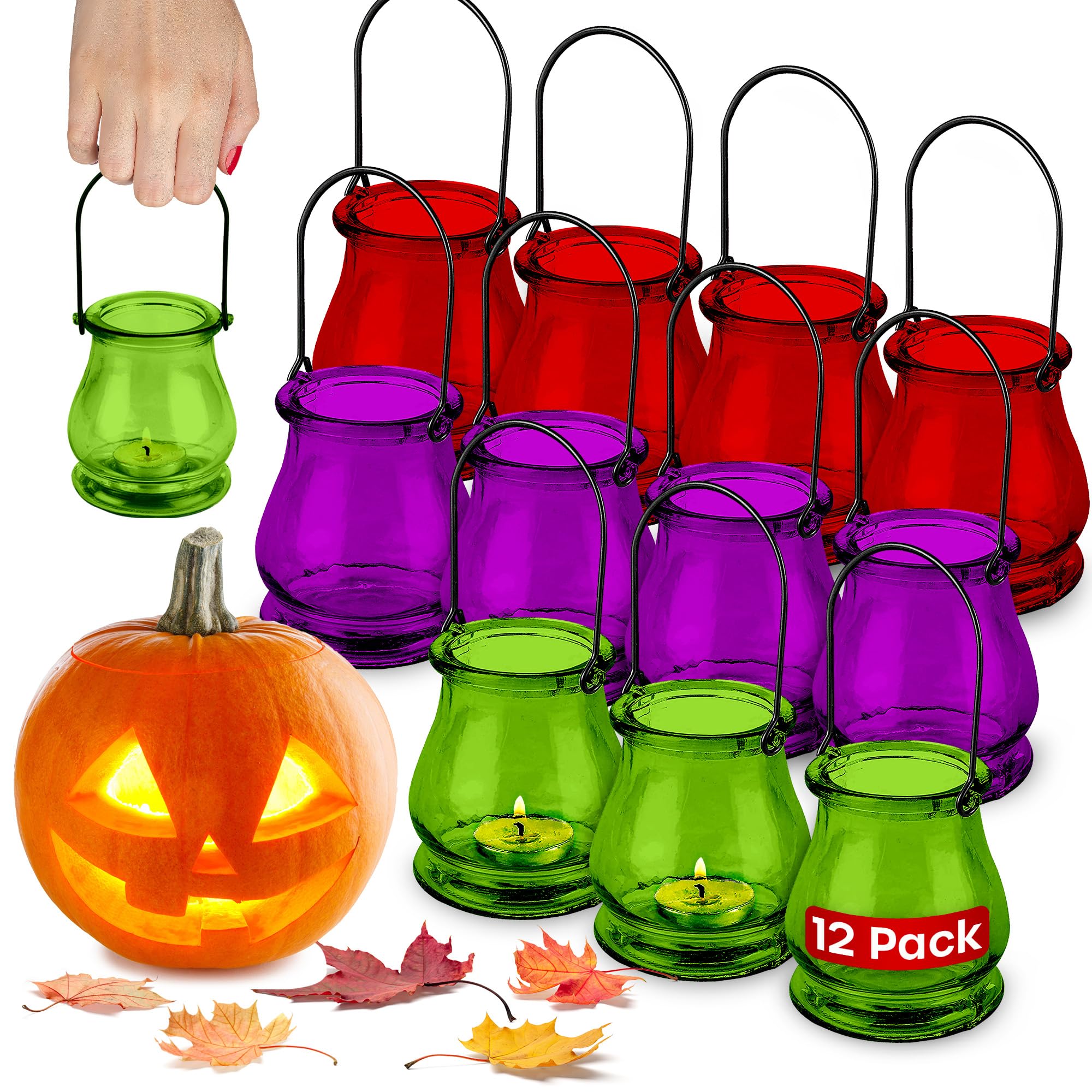 volila Halloween Hanging Tealight Holders - 12 Pack Spooky Glass Candle Holders for Indoor and Outdoor Haunted Décor - Perfect for Eerie Lighting, Creepy Hanging Decorations and Pumpkins