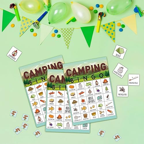 Miniatura 4 de Juego de bingo de campamento, juegos de fiesta temática de bosque de acuarela con 24 jugadores, excursión de campo, actividades escolares,