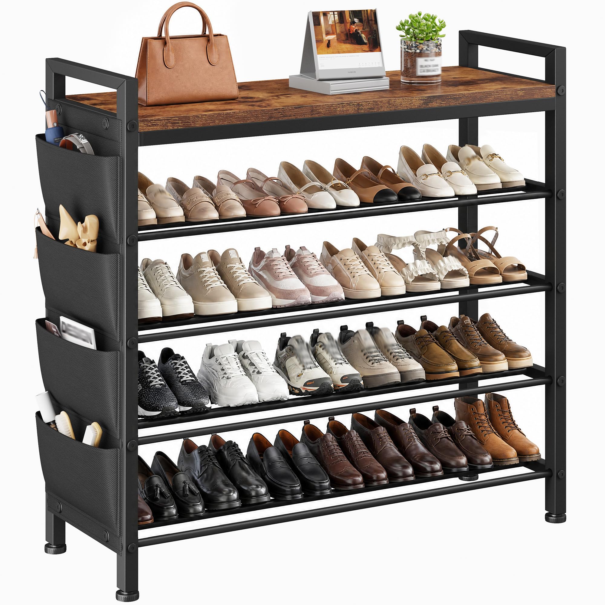 Zapatero Estrecho 5 Niveles, Zapatero metalico Madera sólido y fácil de Limpiar, Zapatero Entrada recibidor con Bolsillos Laterales, para 16-20 Pares, 30 x 76 x 96,5 cm, para Entrada y Pasillo