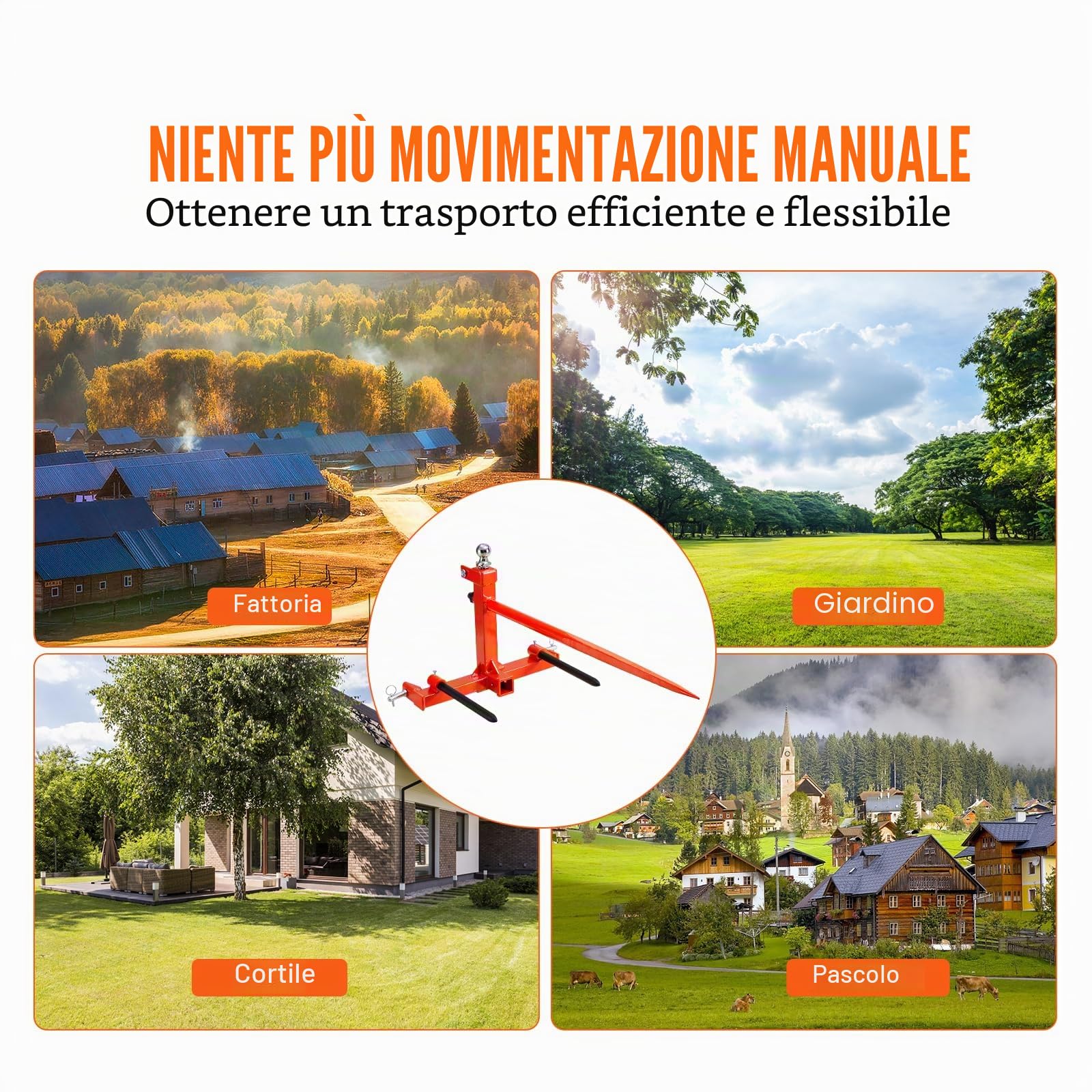 VEVOR Raccoglitrice per Balle di Fieno Capacità di Carico max. 725kg Forca per Balle 1250mm 3 Denti, Forche Chiodate Attacco per Benna con 2 Stabilizzatori per Trattori, Minipale, Agricoltori, Campi