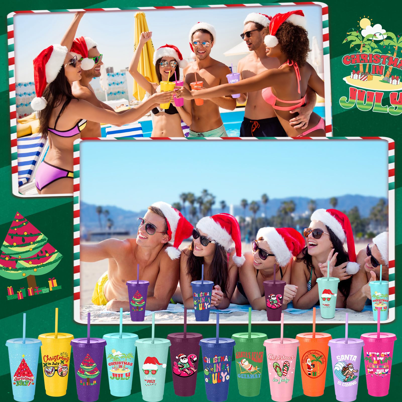 CHENGU Lot de 24 gobelets tropicaux réutilisables en plastique avec couvercles et pailles en vrac, 710 ml, à paillettes pour Noël, l'été, les vacances, les fêtes, le bureau