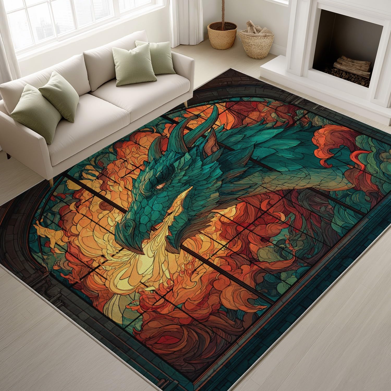 Odporne na blaknięcie dywany z nadrukiem fantasy anime trwałe dywany witrażowe sztuka średniowieczny dywan smok zamek płomienie antypoślizgowe 120 x 160 cm do przedpokoju salonu sypialni