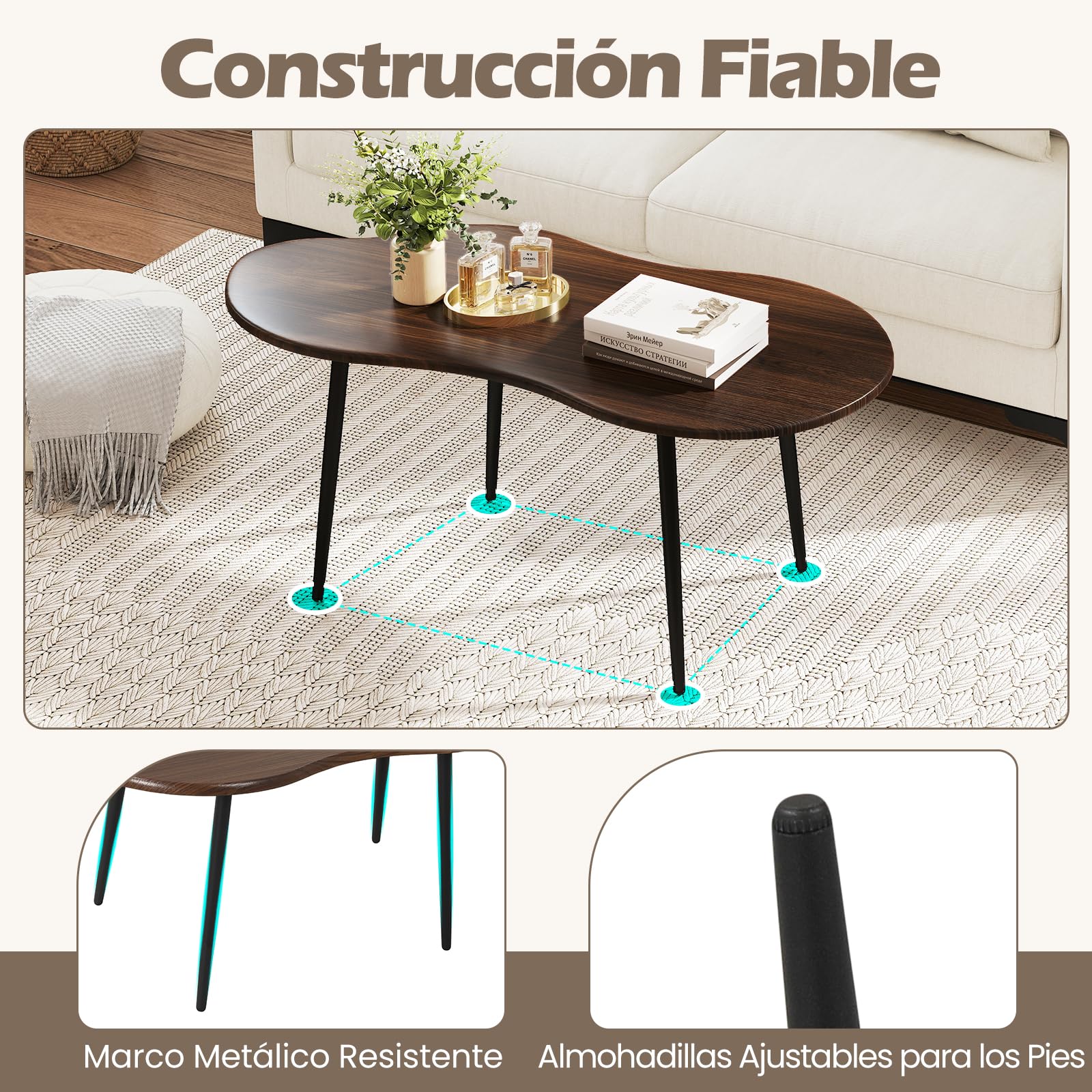 COSTWAY Mesa de Centro con Forma de Nube, Mesita Central Irregular Moderna con Estructura Metálica, Mesita Auxiliar de Madera Decorativa para Saon Oficina Espacios Pequeños, 100 x 50 x 44 cm (Nogal)