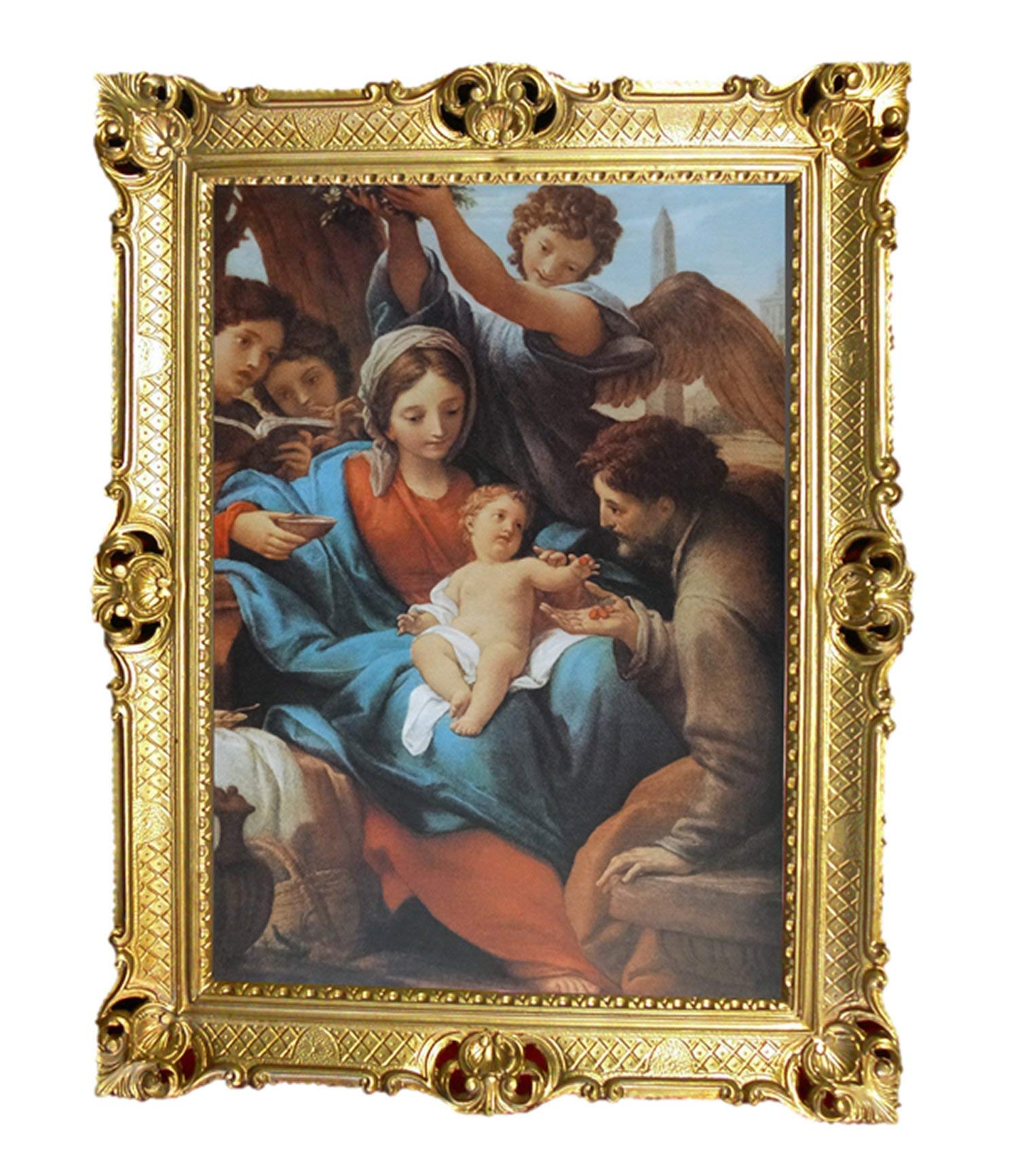 Maria mit Jesus Gemälde Antik Barock Rahmen Barockrahmen mit Bild Wandbild 70x90cm Kunstdrucke Gemälde Religiöse Bilder Kunst von Heiligen Repro für Home Büro Praxis Café 58B