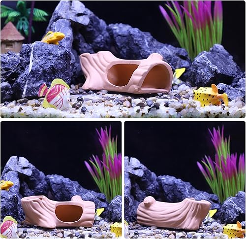 Miniatura 5 de VOCOSTE Decoraciones de acuario cueva de roca escondida, piedra de decoración de pecera de cerámica para mascotas acuáticas para reproducir, marrón