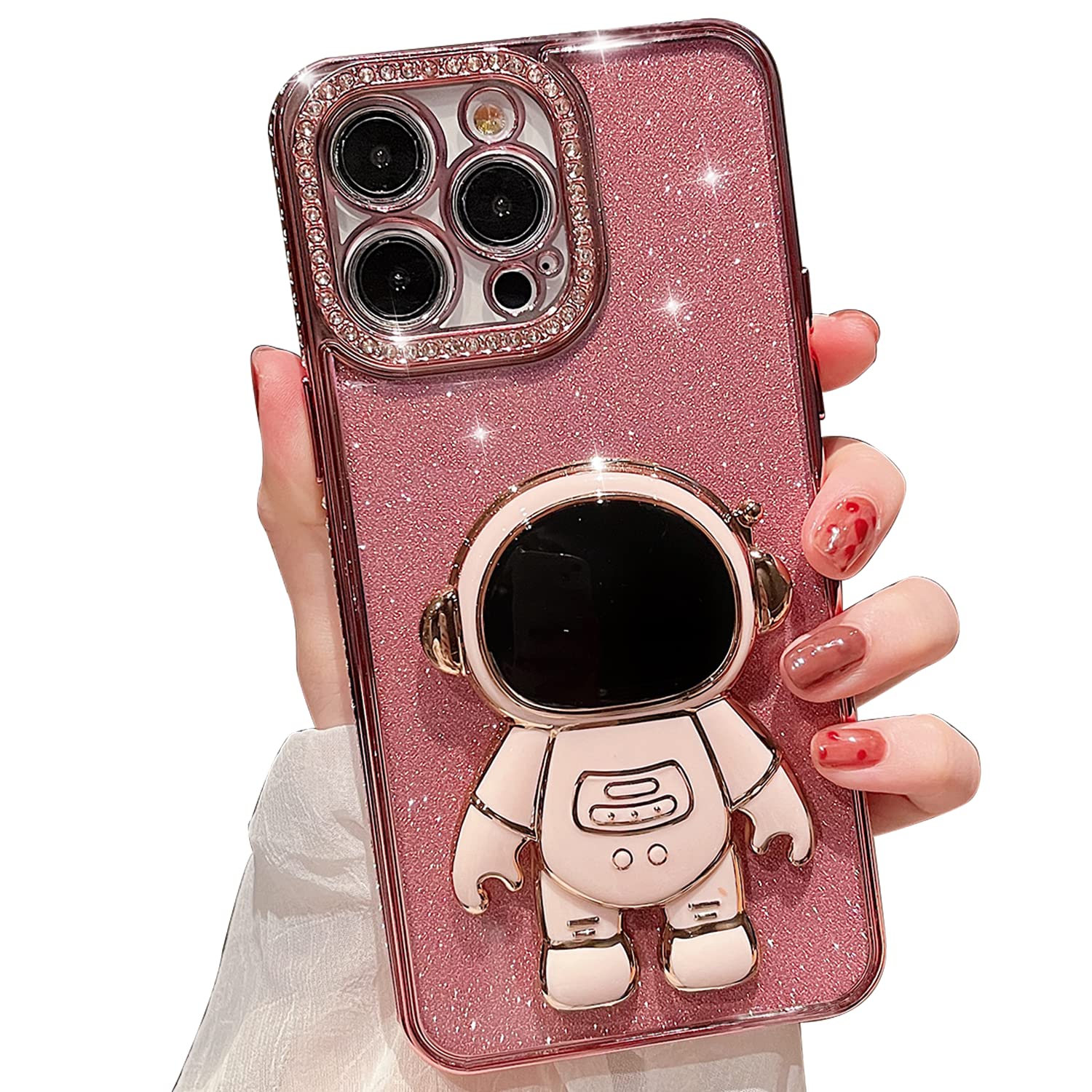 Finyosee Compatible with iPhone 14 Pro Max Case,Glitter Rhinestone Bling Diamond Sparkle Bumper and Camera Lens Design Clear Phone Case with Cute Plating Astronaut Hidden Stand for Women Girls-Pink