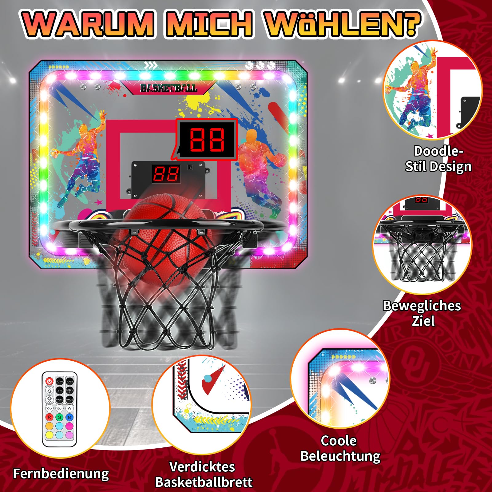 Bewegliches Basketballkorb Indoor, Mini Basketballkorb fürs Zimmer Tür mit Fernbedienungen, Leuchtend Bällen, Anzeigetafel, 10 Farben Lichter, Basketballbrett Kinder für Jungen Mädchen
