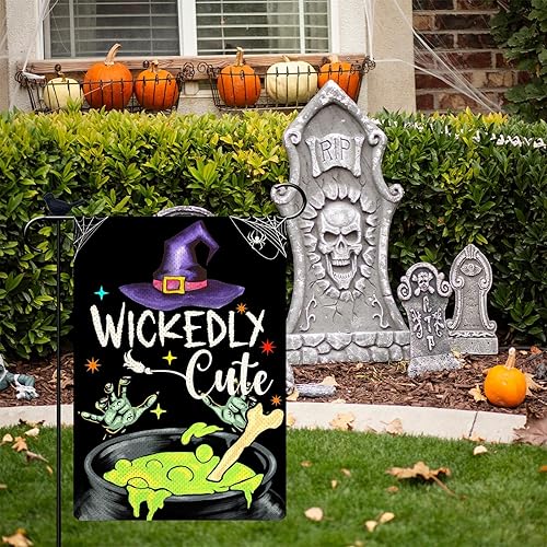 Miniatura 4 de Bandera de jardín de Halloween de 12.5 x 18 pulgadas de arpillera vertical de doble cara de truco o trato pequeña bandera de jardín con texto en