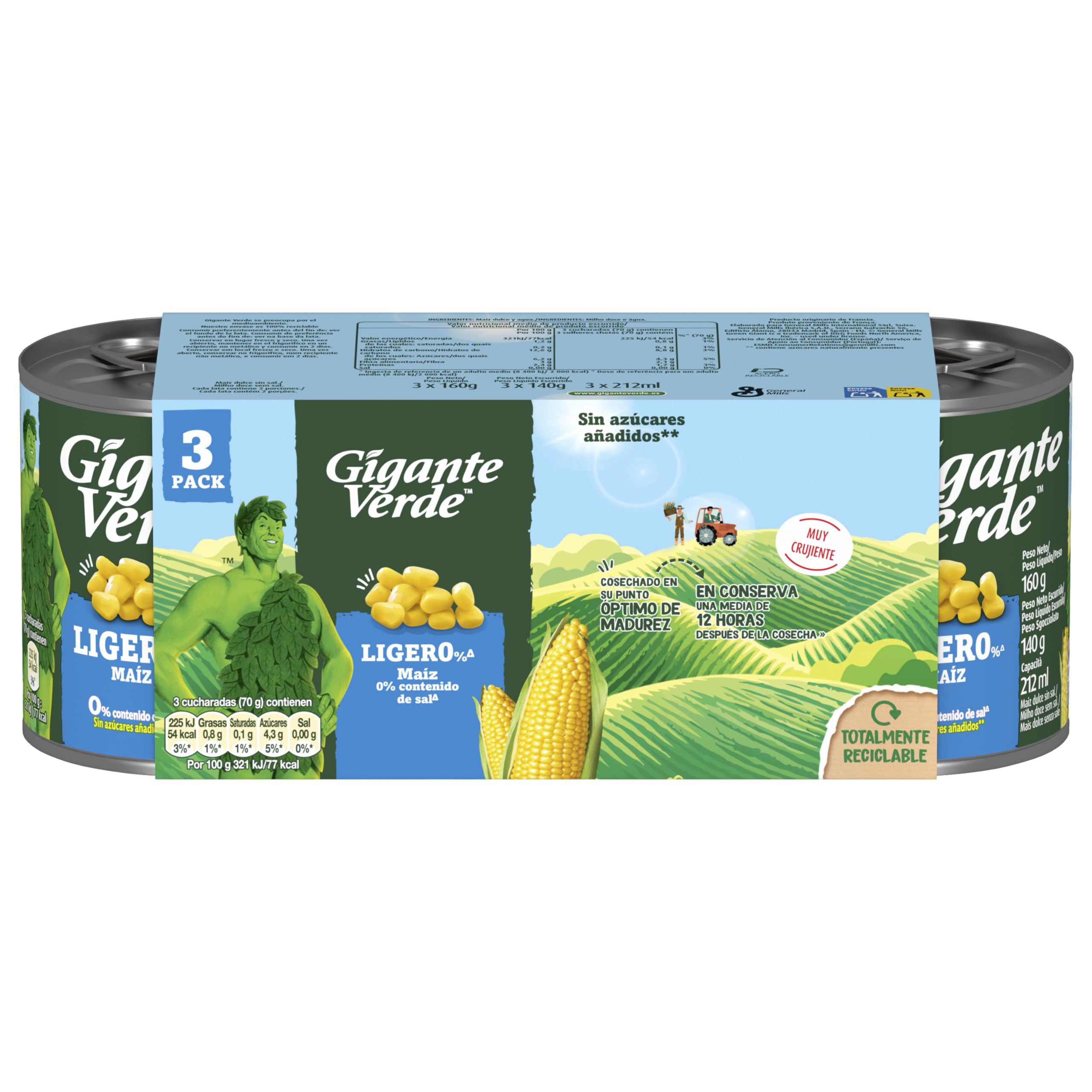 Gigante Verde Tripack Lata De Maíz Dulce Ligero 0% Sal 3 x 160 g