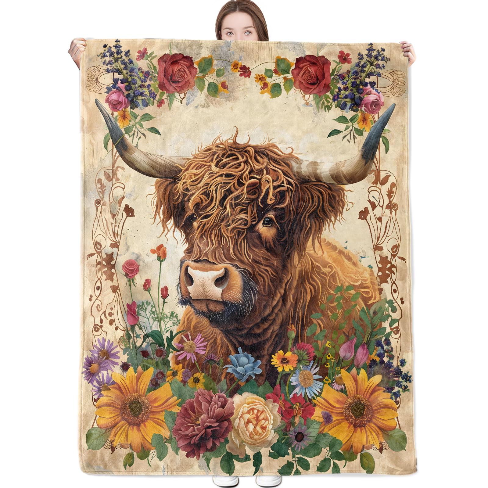 dongprom Highland Cow Floral Blanket Vintage Farmhouse Style Throw Blankets Lightweight Flannel Throws for Camping Couch Chair Office Bed Home Decor