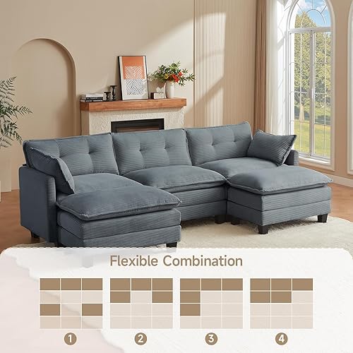 Miniatura 7 de Modular Sectional Sofa, 111.5" U-Shaped Corduroy Comfy Sectional Couches for Living Room, 3-Seater Cloud Couches with 2 Movable Ottomans, Flexible