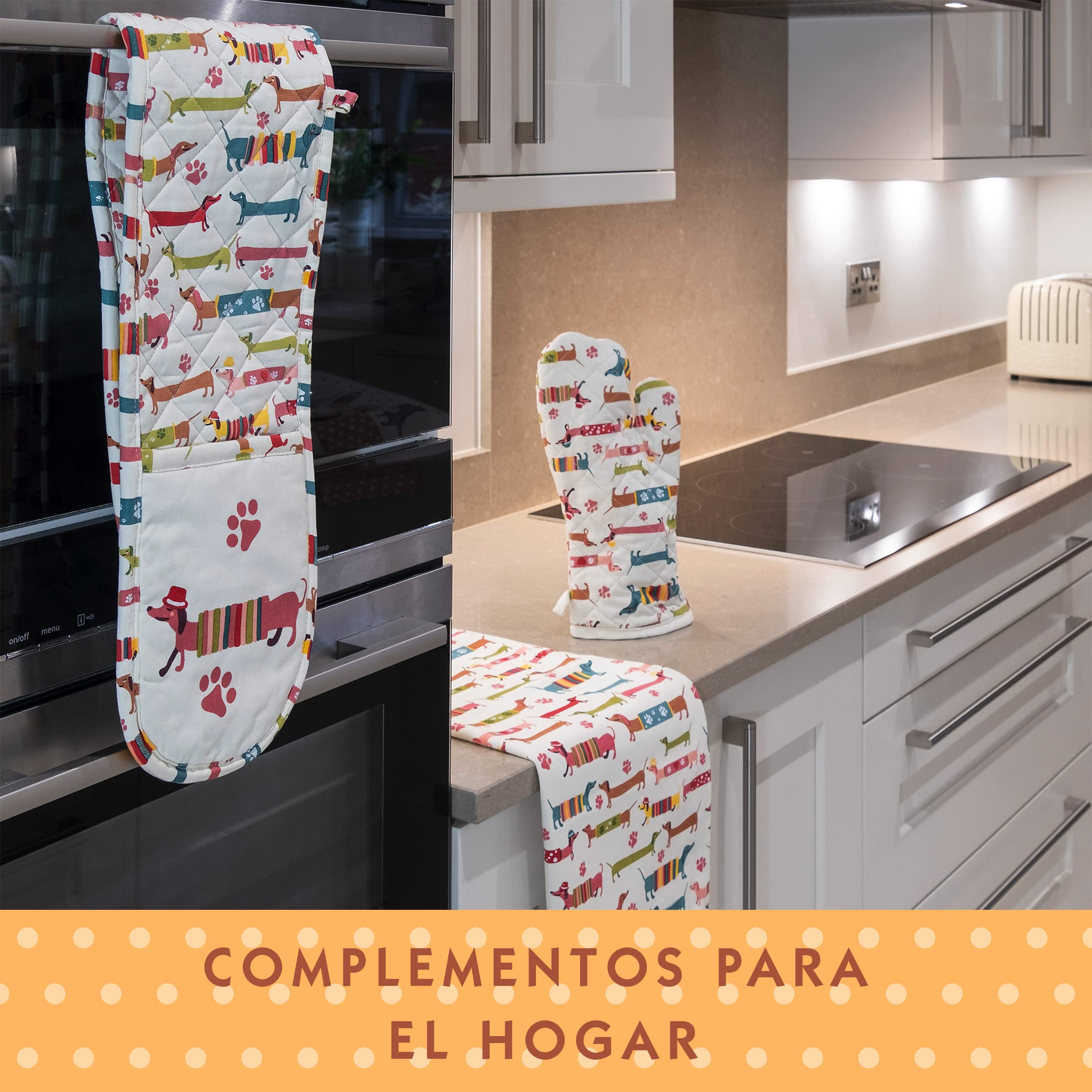 SPOTTED DOG GIFT COMPANY Juego de Regalo de 3 Piezas con Delantal, Paño de Cocina y Guante de Horno Doble, Accesorios Cocina Originales de Perros Salchicha, Regalos para Amantes de los Perros