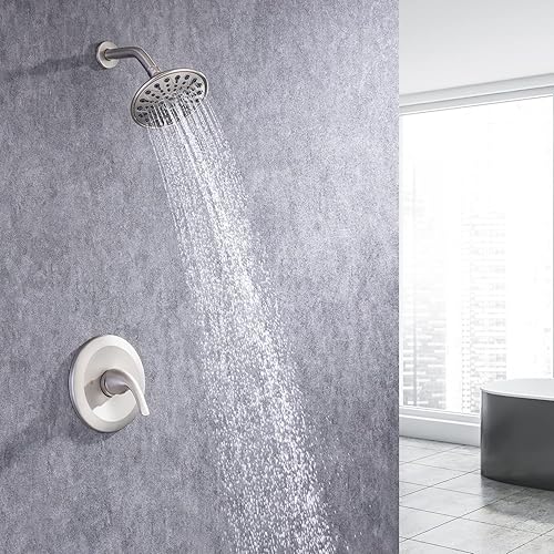Miniatura 2 de Grifo de ducha de un solo mango de níquel cepillado, sistema de ducha equilibrado a presión, 6 funciones, cabezal de ducha de mano con manguera