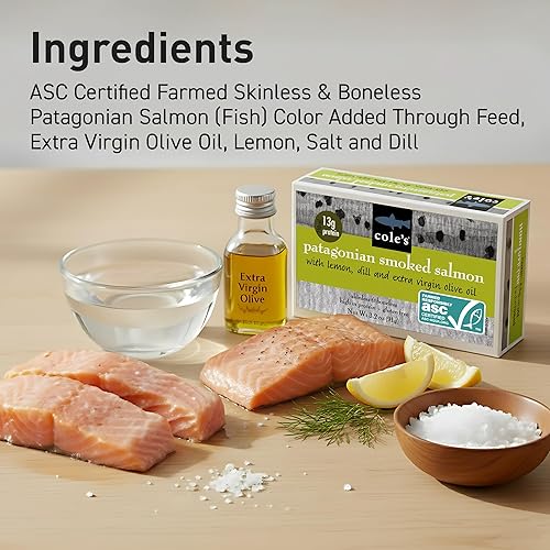 Miniatura 12 de COLE'S MARISCOS - Salmón ahumado empaquetado a mano en aceite de oliva, mariscos sin conservantes, pescado enlatado, alto en proteínas y omegas