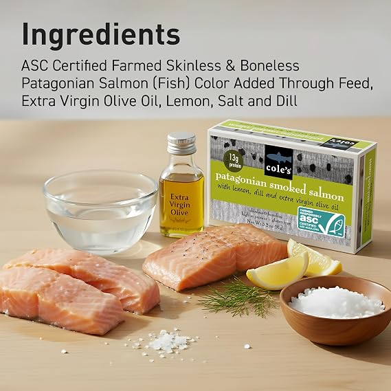 Cole's Patagonian Smoked Salmon Fillet w/Lemon & Dill in Extra Virgin Olive Oil | 3.2 oz Hand-Packed Smoked Salmon Canned | 13g Protein | pack of 10