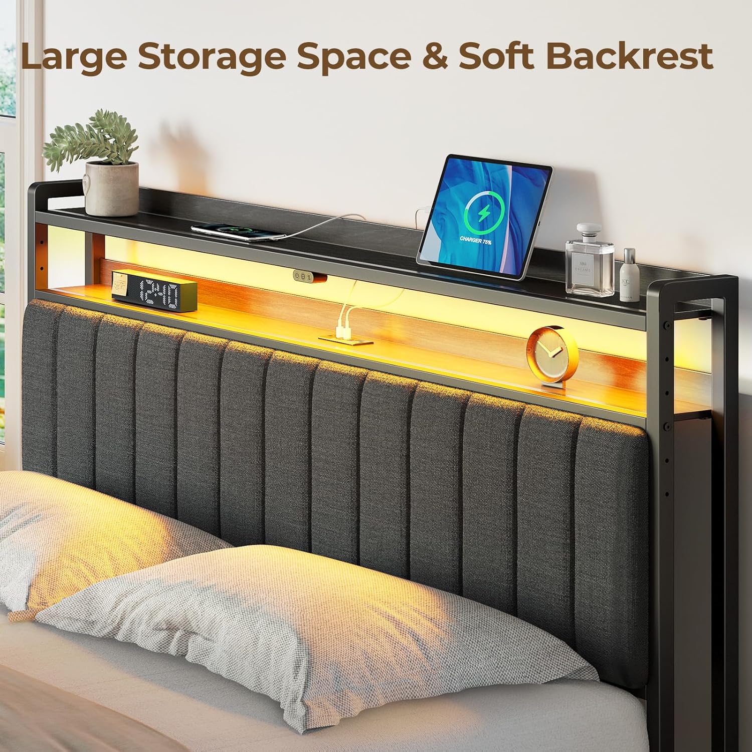 Rolanstar Headboard for King Size Bed with Storage, 60,000 DIY Color of LED Light, Head Board with USB & Type C Port, Height Adjustable, Black Upholstered Cabeceras de Cama Comfortable Modern, Linen