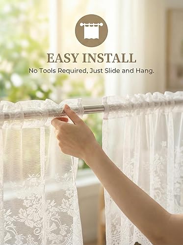 Miniatura 3 de Molaxhome Cenefas de encaje blanco para ventanas de 51 x 16 pulgadas, cortina semitransparente bordada floral de encaje para cocina, cafetería,