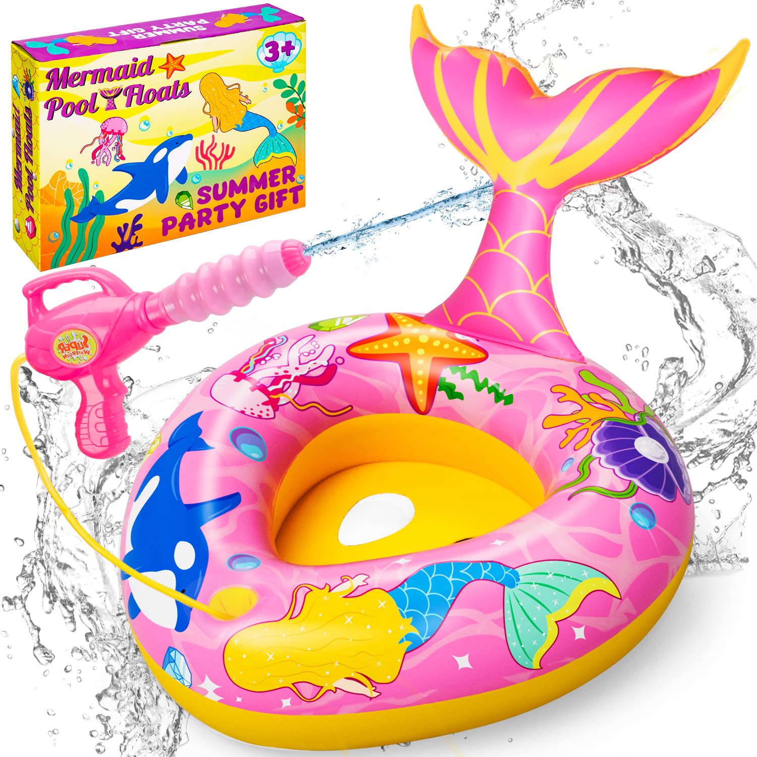 Pool Floats Kids with Water Gun Mermaid Pool Toys for Kids Ages 3-8 Toddler Pool Float for Girls Inflatable Pool Water Toys for Swimming Pool Beach