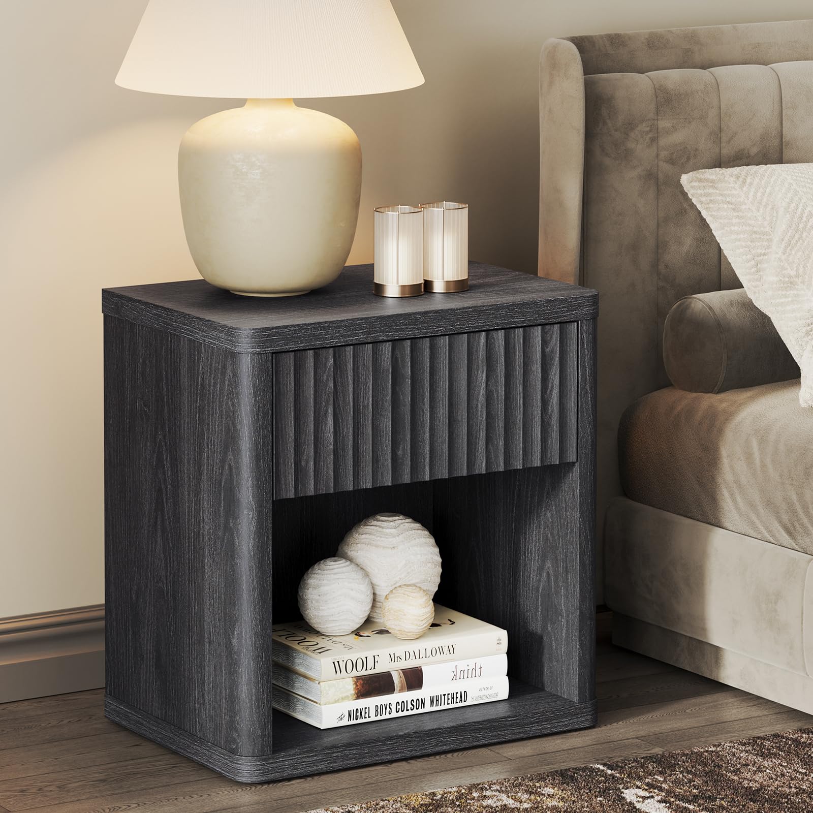 Night Stand Nightstand with Drawer Storage Fluted Bed Side Table End Table Large Modern Wide Bedside Mid Century Night Stands for Bedroom Living Room Sofa Couch Home Office, Dark Grey Alder
