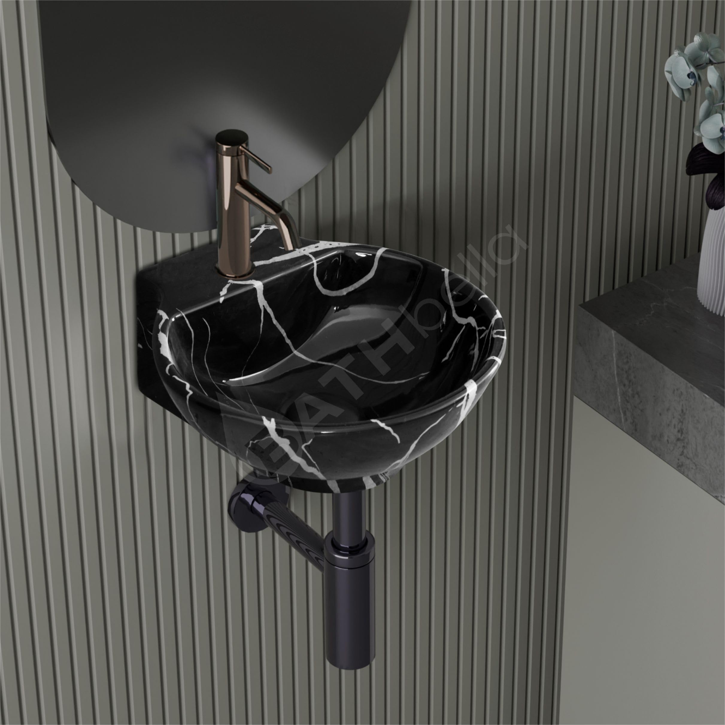 Round Luxury Marble Wall-Mount Wash Basin For Bathroom | Wall Hung Wash Basin | Wall Mounted Bathroom Sink | Wash Basin For Restaurant, Hotel (12 x 12 x 4.5 Inch) (Black White Stripe)