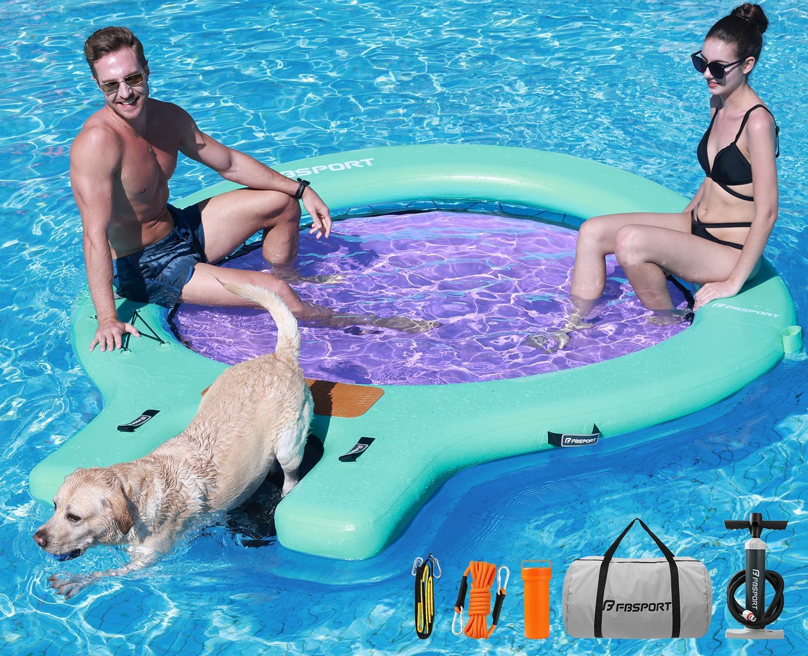 Große aufblasbare Badeplattform 240 cm Schwimminsel Sunchill mit Wasserrampe für Hunde, Wasserinsel für 3–5 Personen, Schwimmendes Dock inkl. Luftpumpe, Badeinsel Plattform für Pool Strand See & Ozean