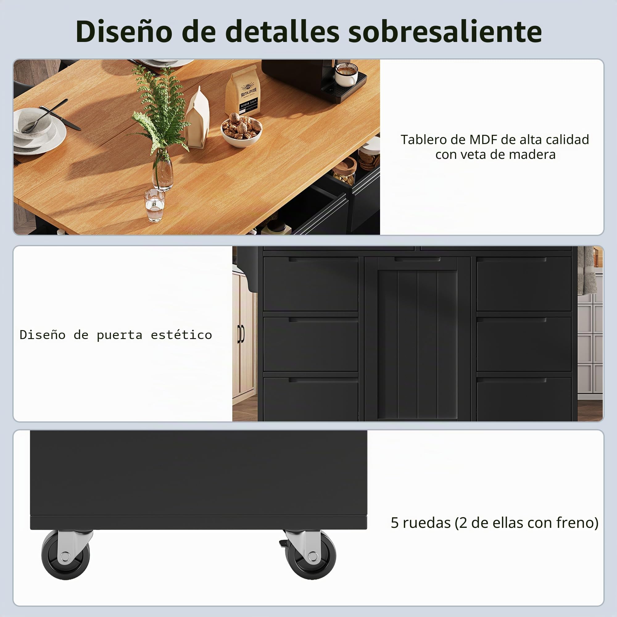 Isla de cocina, moderno armario de cocina, carro de cocina extensible con ruedas y superficie de trabajo, carro de servicio con especiero y 8 cajones
