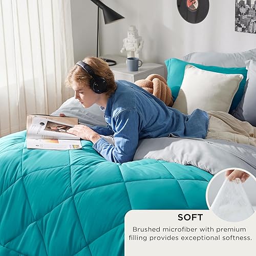 Miniatura 2 de Bedsure Juego de edredón, king, reversible, de 7 piezas, en una bolsa, con edredón, sábanas, fundas de almohada y fundas, verde azulado