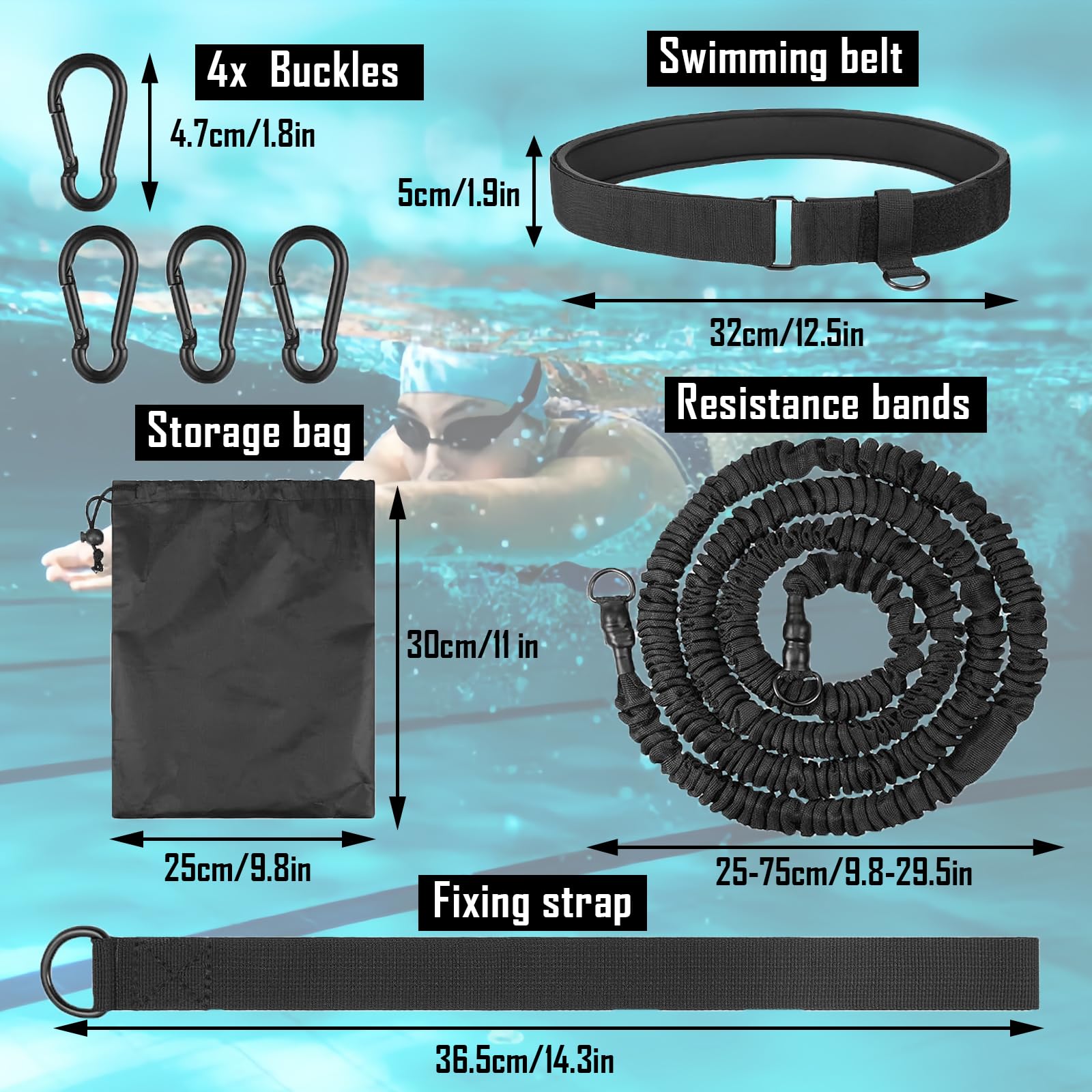 Schwimmgurt für Pool 2.5-7.5M Schwimmtrainer, Schwimmgürte mit Gurtband und Verstellbarem Gürtel, Schwimm-Übungsgürtel für Erhöht Kraft und Ausdauer
