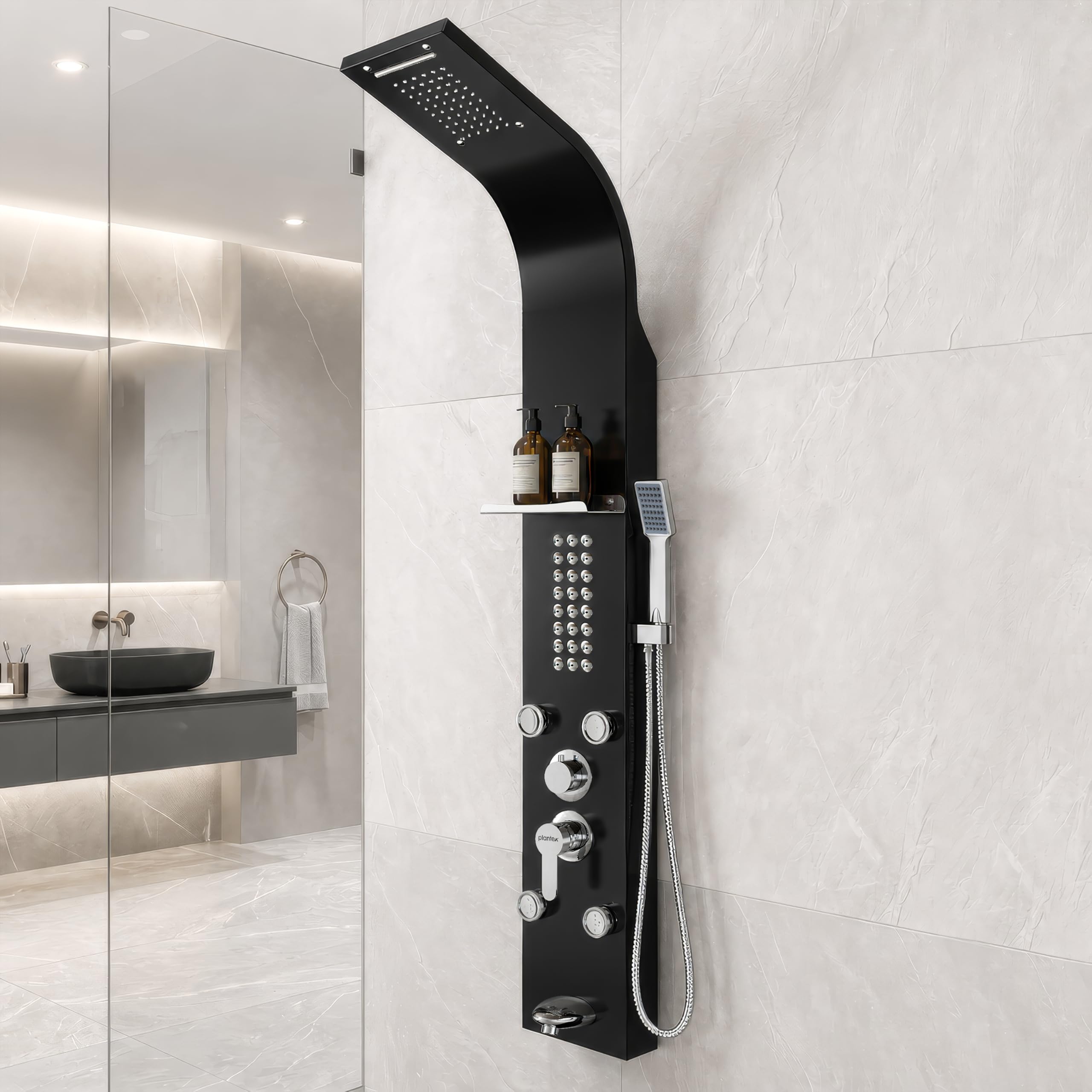Plantex Shower Panel/6 in 1 Shower System/304 Grade Stainless Steel Rainfall Showerhead with Handshower for Bathroom/Tub Spout/Body Massage Spray With Hot &cold Mixer-(1016, Black) discount deal