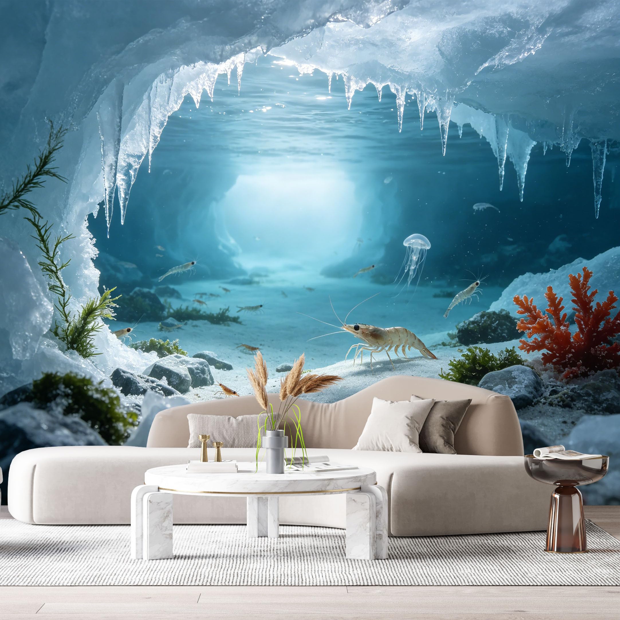 Custom Size Wall Murals Underwater Marine 3D Ice Cave Jellyfish Shrimp SelfAdhesiveWall Fabric Removable Wallpaper Wall Decor for Living Room Bedroom Bathroom