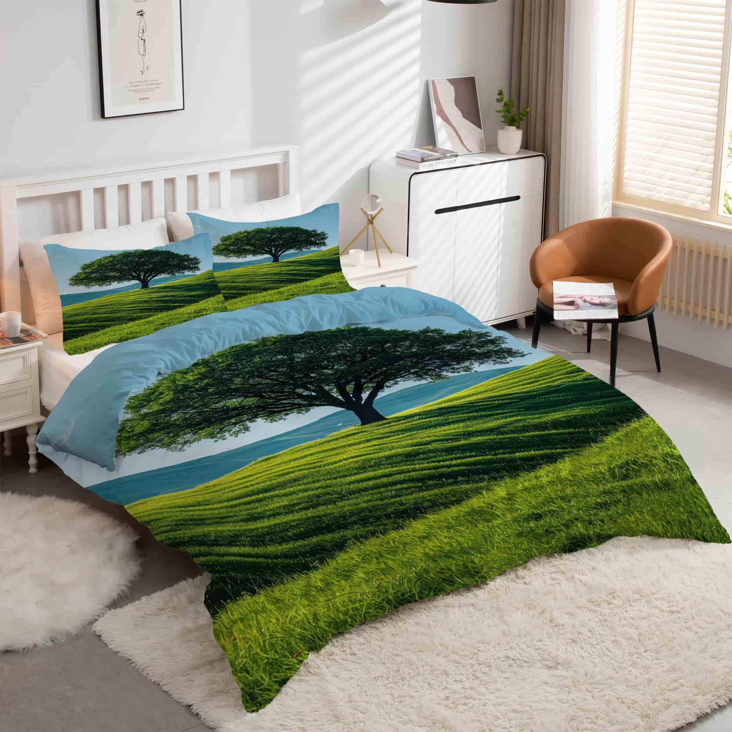 Parure de lit 90x190 coucher de soleil forêt avec housse de couette microfibre et 2 taies