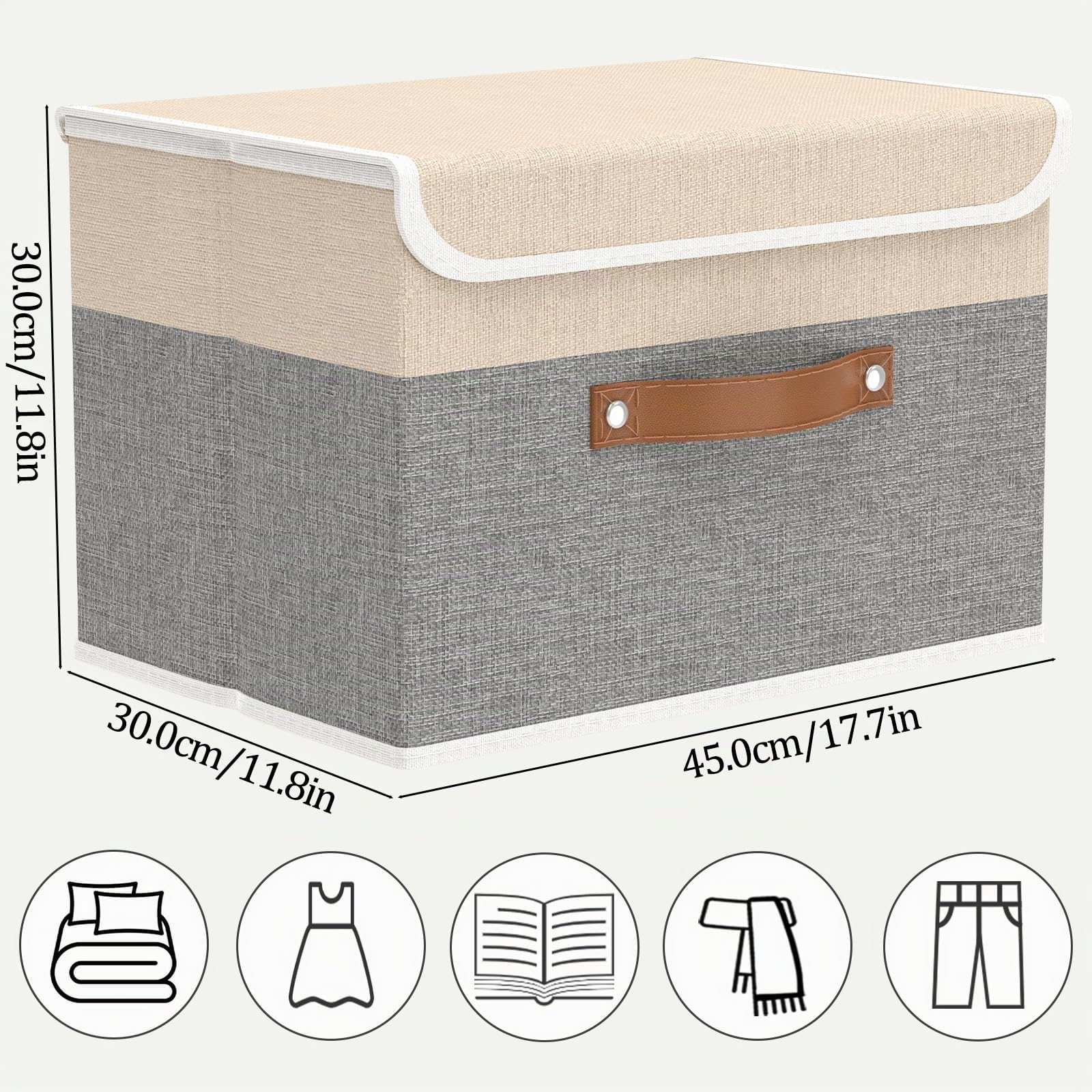 OUTBROS 3 Set Scatole Portaoggetti, 45x30x30cm Cesto, Grigio/Beige | Scatole per Armadio in Tessuto con Coperchio Antipolvere, Contenitori Salvaspazio Pieghevoli per Vestiti Camera da Letto
