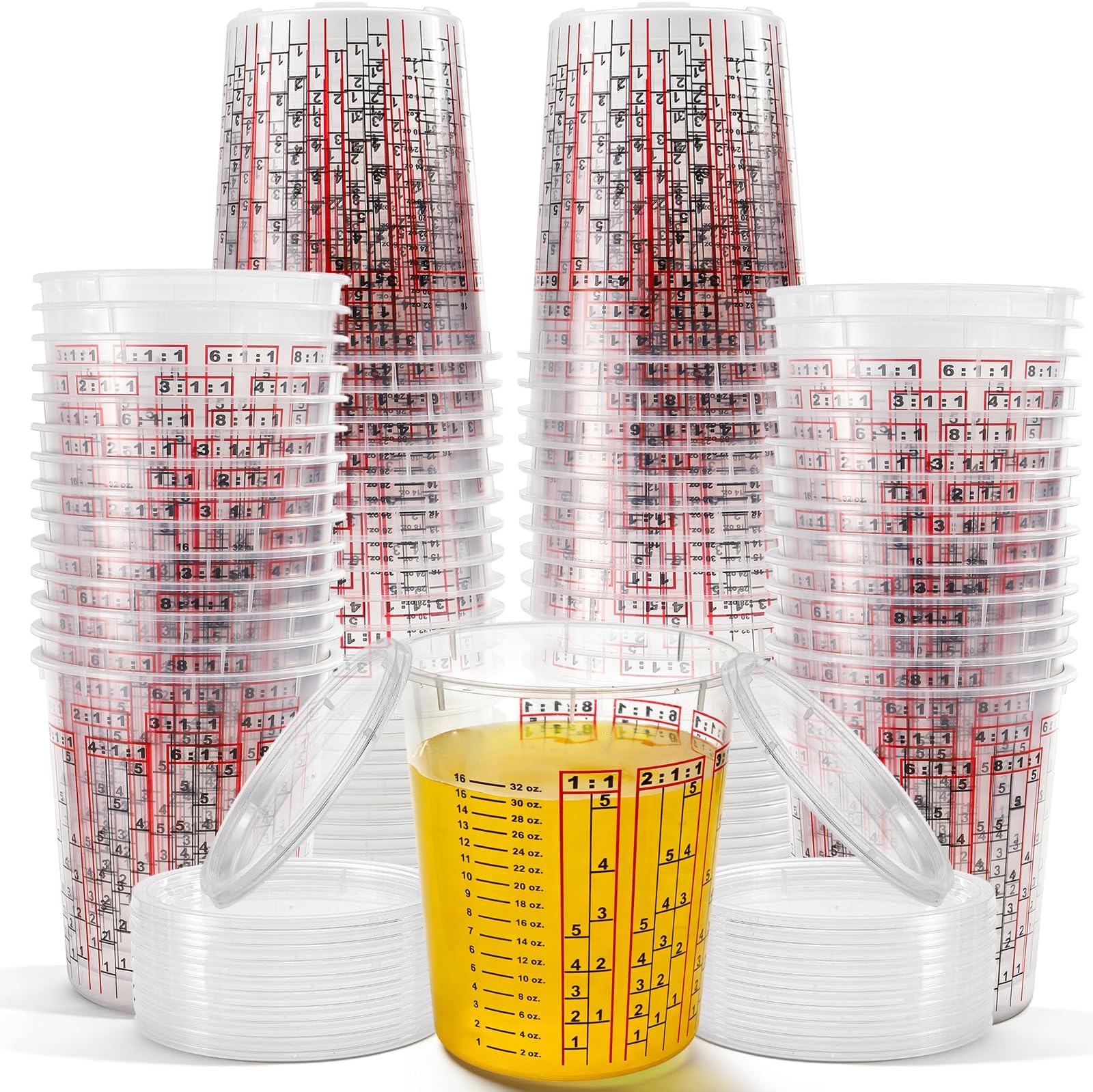 Yesland 30 Pack Paint Mix Cups with Lids, 32 Ounce Plastic Paint and Epoxy Mixing Cups with Calibrated Mixing Ratios on Side of Cup, for Paint, Activators, and Thinner