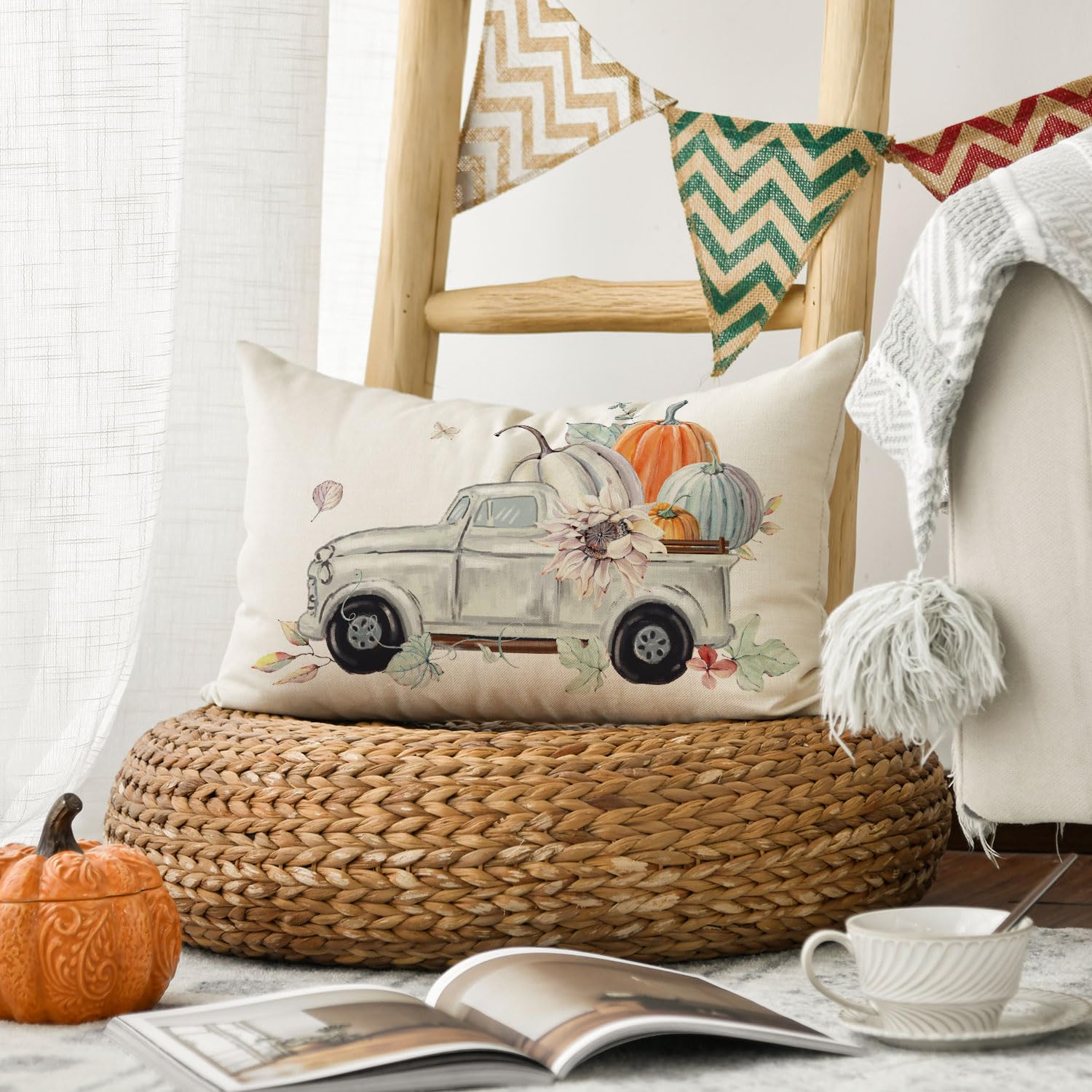 Housses De Coussin Automne Lot De 2 - Motif Citrouilles Et Eucalyptus - 30x50 Cm - Polyester Doux - Pour Salon, Canapé, Déco Saisonnière - 12