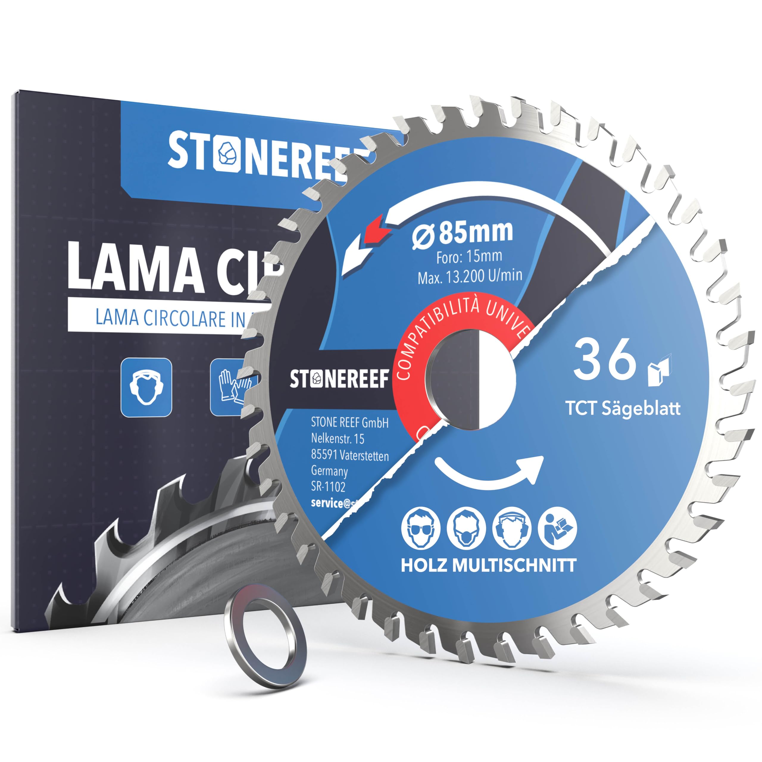 STONE REEF Lama per sega circolare 85 x 15 - Acciaio al carbonio, compatibile con legno, laminato, plastica, alluminio e acciaio