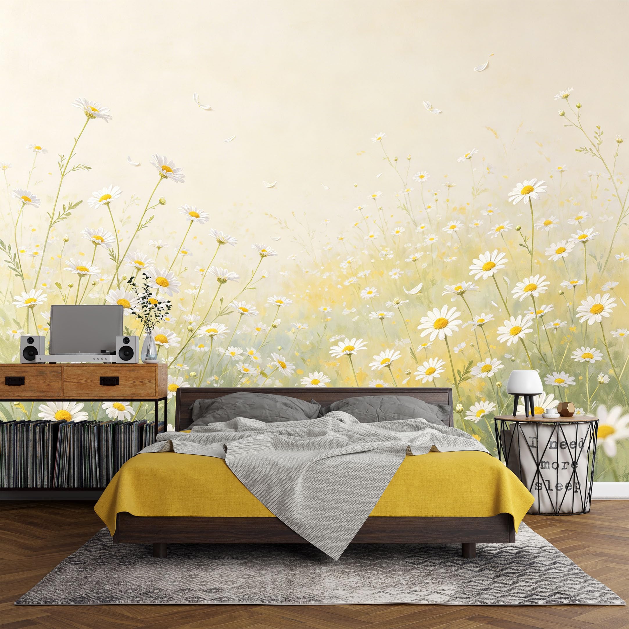 Custom Size Wall Mural， Botanical Daisy Meadow Wildflower Field Pastel Minimalist，SelfAdhesive Art Prints wall Fabric (No PVC) Removable Wallpaper Living Room Decor